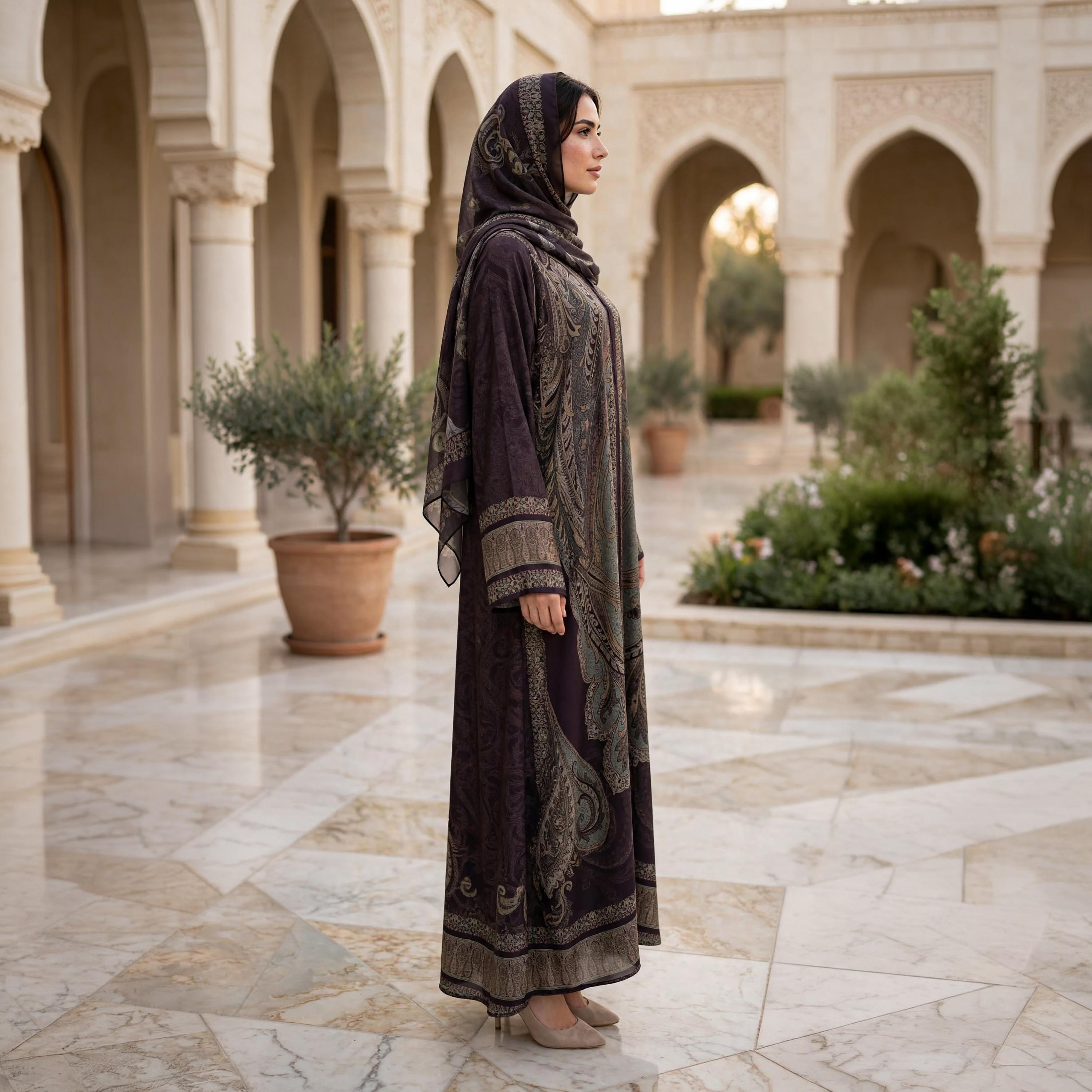 IKKXA Purple Grand Paisley Armani Satin Women's Flared Abaya with Hijab-women-arabicclothing-abayas-image-3