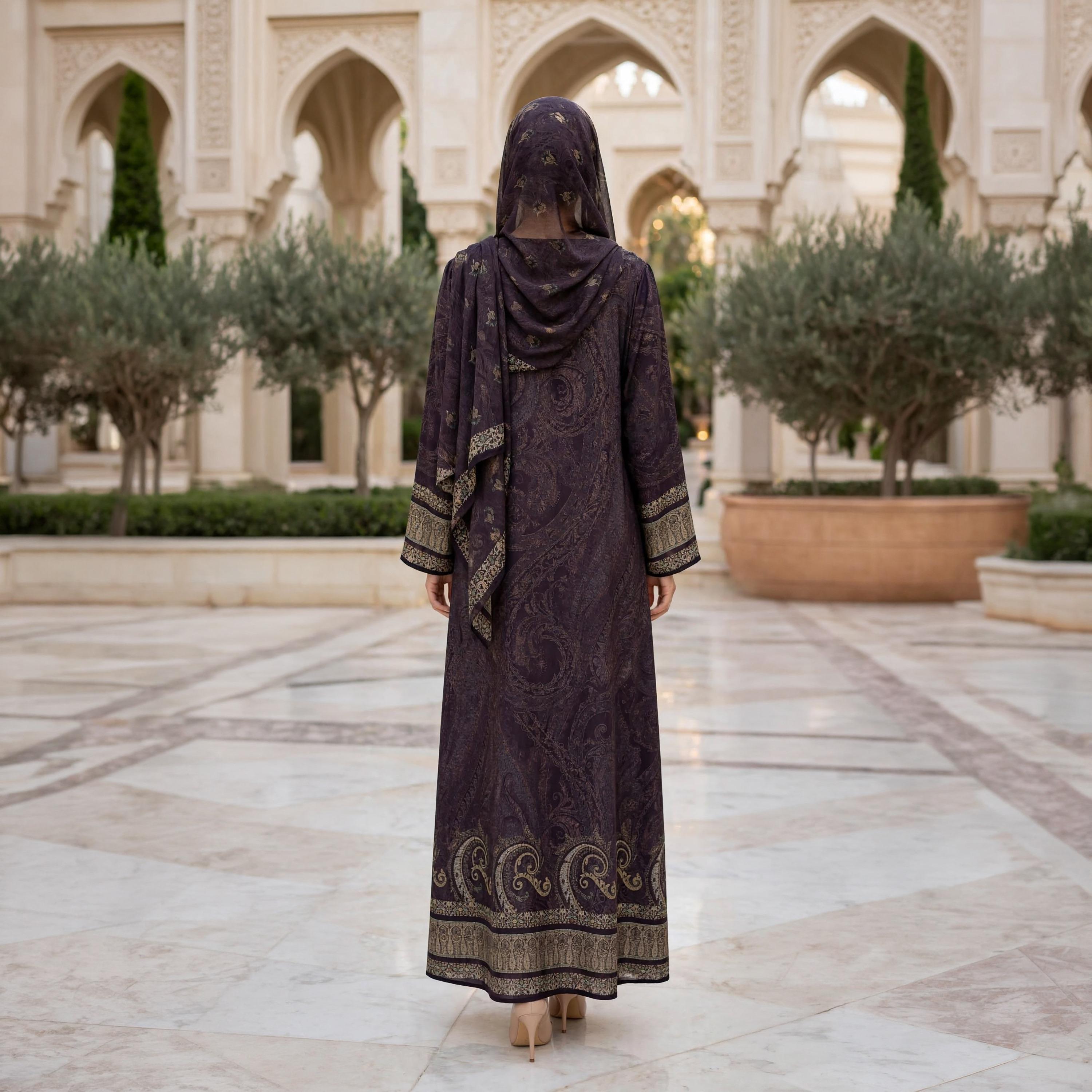 IKKXA Purple Grand Paisley Armani Satin Women's Flared Abaya with Hijab-women-arabicclothing-abayas-image-4