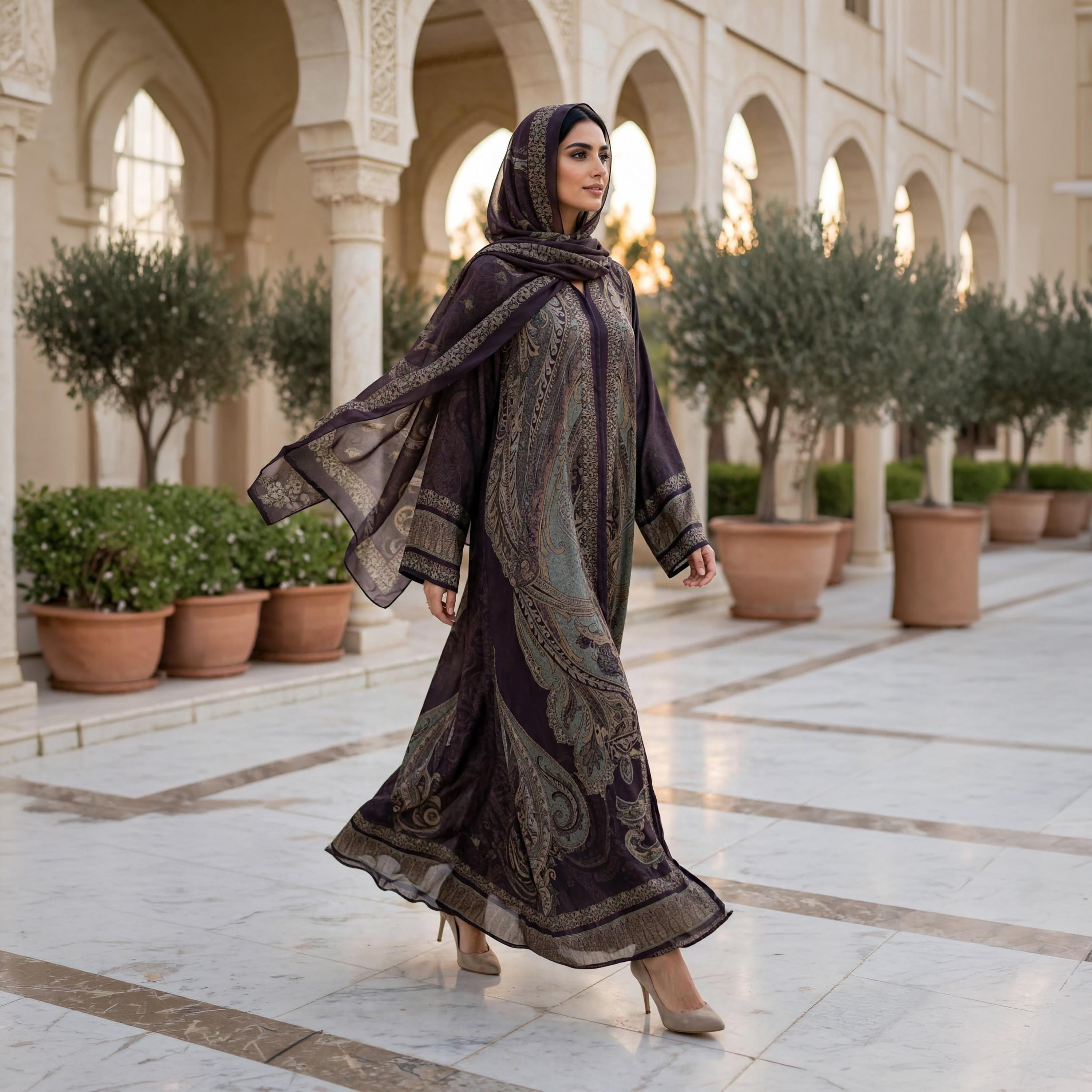 IKKXA Purple Grand Paisley Armani Satin Women's Flared Abaya with Hijab-women-arabicclothing-abayas-image-5