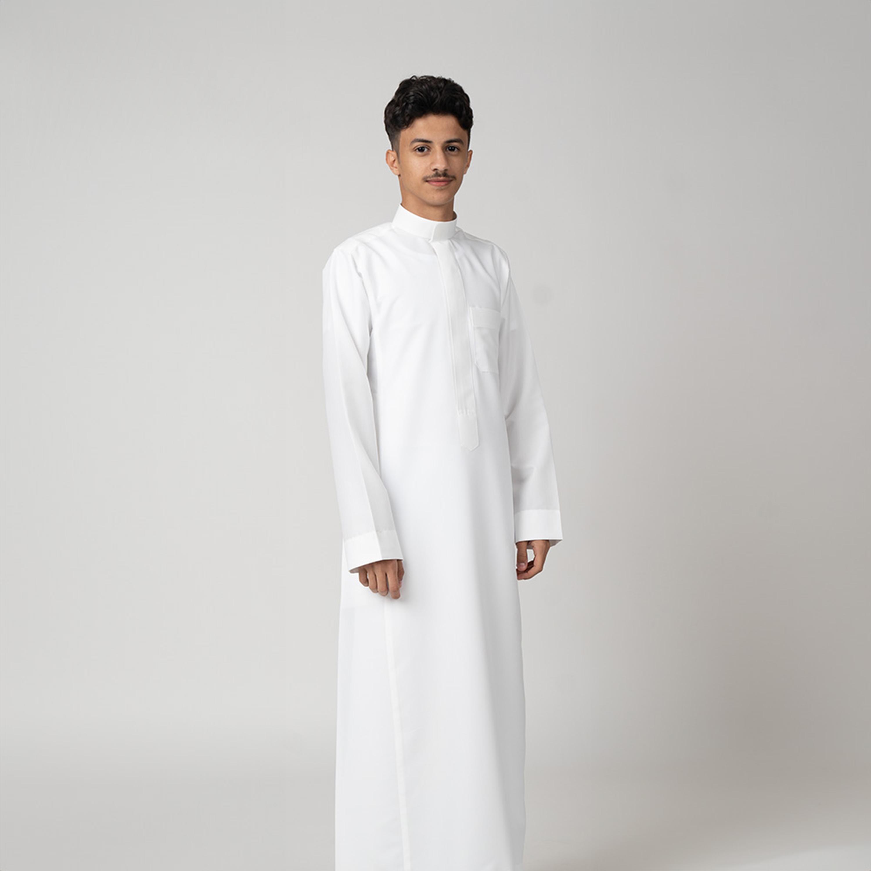 Al Aseel Teen White Plain Saudi Thobe with Hidden Zipper-men-arabicclothing-thobes-image-1