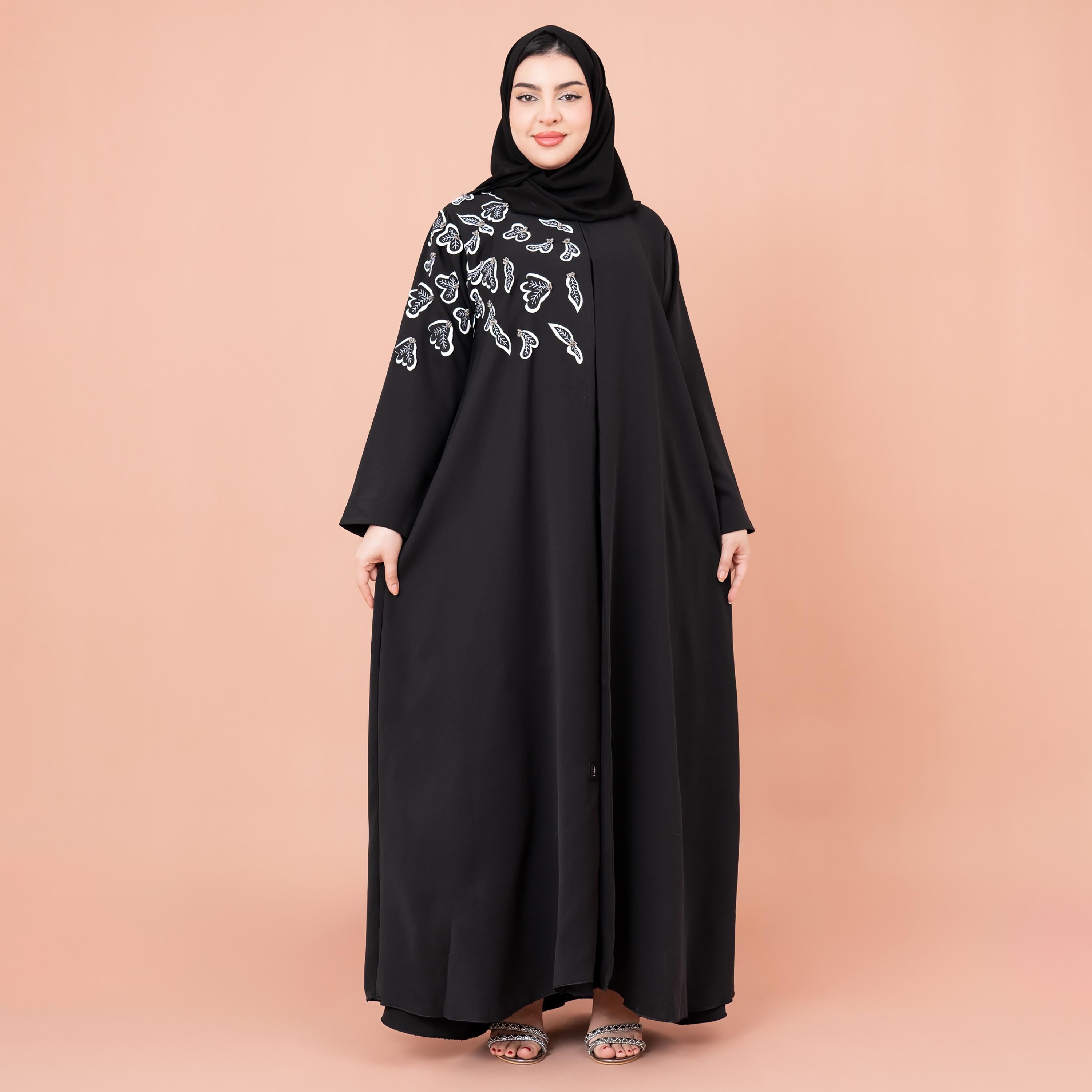 IKKXA Black Shoulder Applique Nida Women's Abaya with Hijab-women-arabicclothing-abayas-image-1