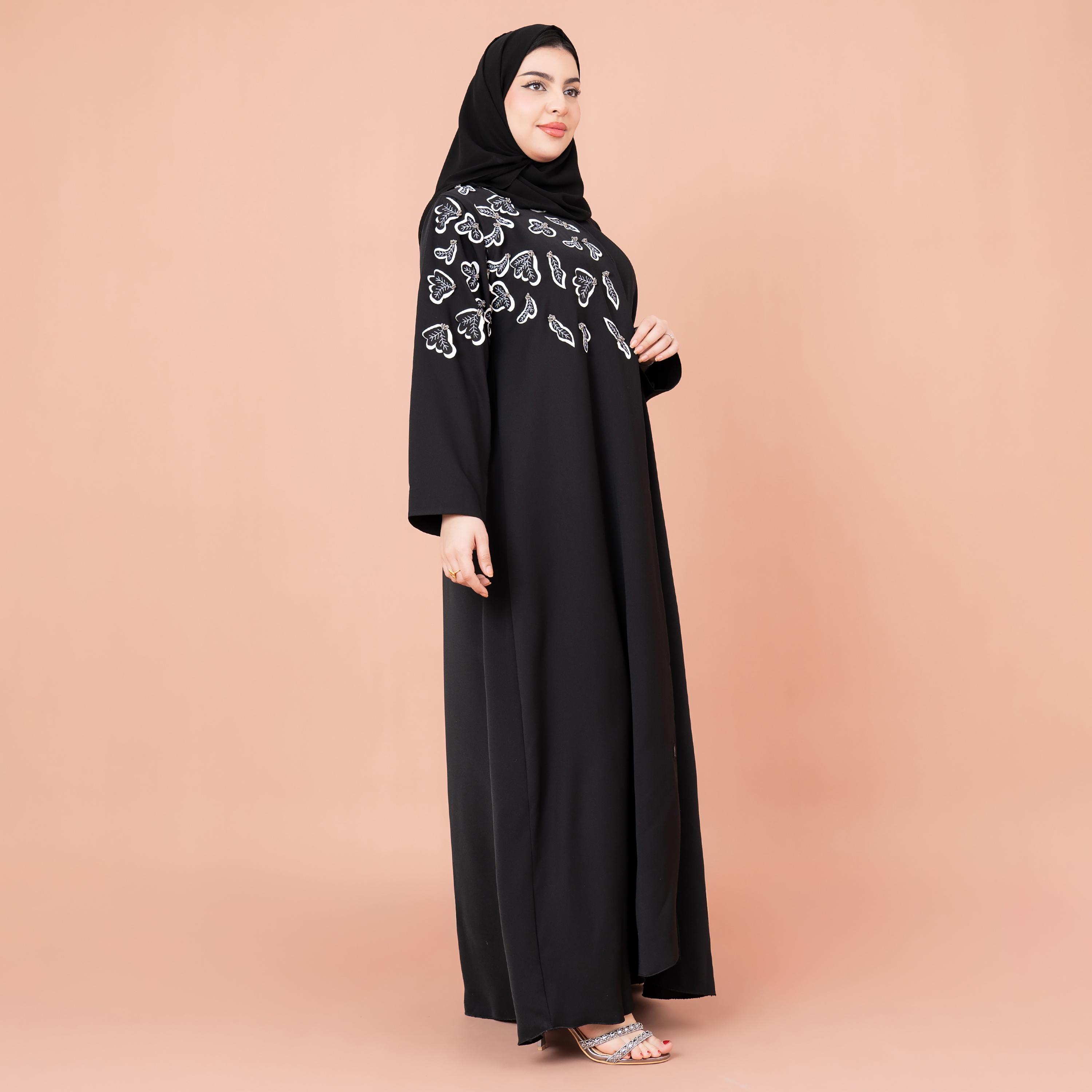 IKKXA Black Shoulder Applique Nida Women's Abaya with Hijab-women-arabicclothing-abayas-image-3