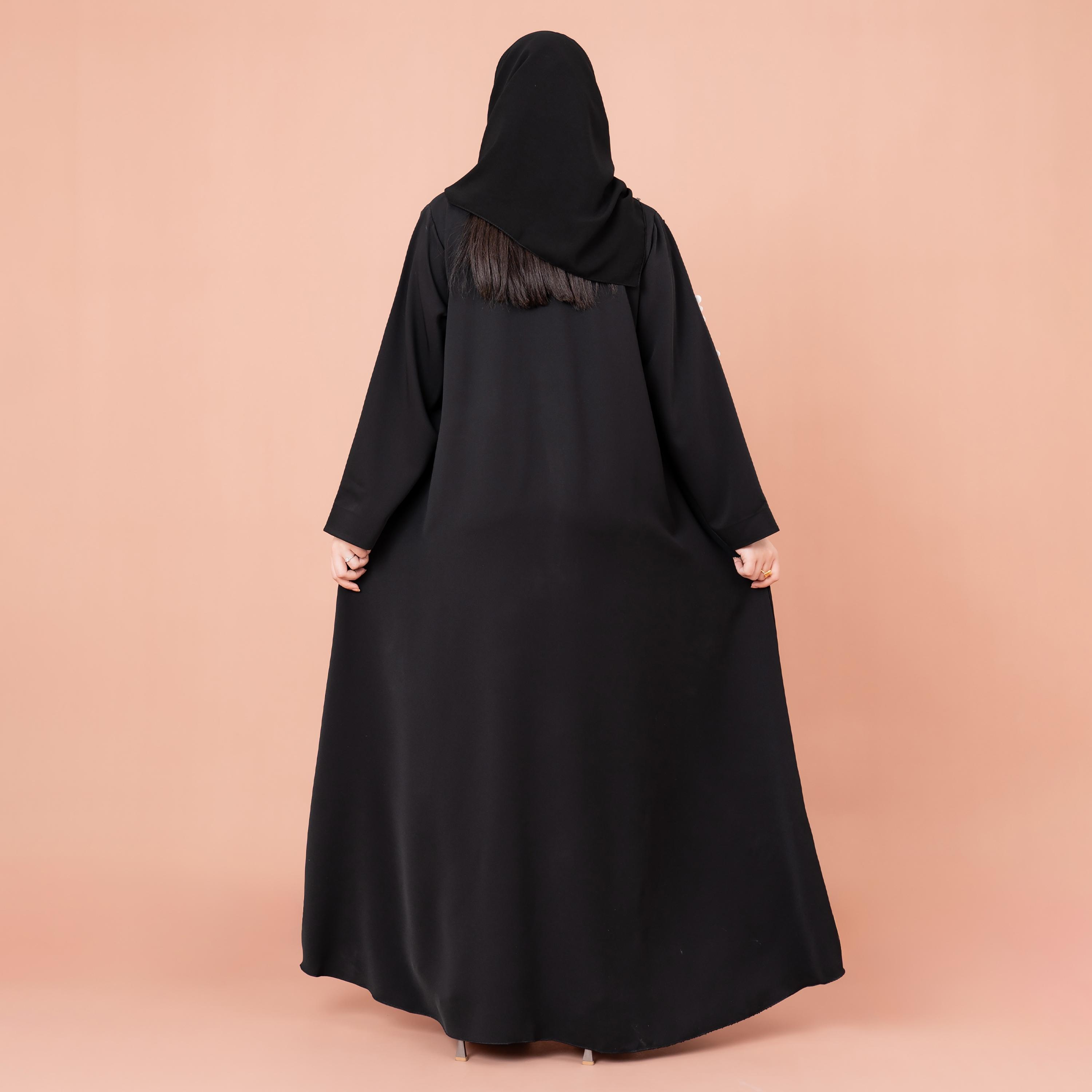IKKXA Black Shoulder Applique Nida Women's Abaya with Hijab-women-arabicclothing-abayas-image-4