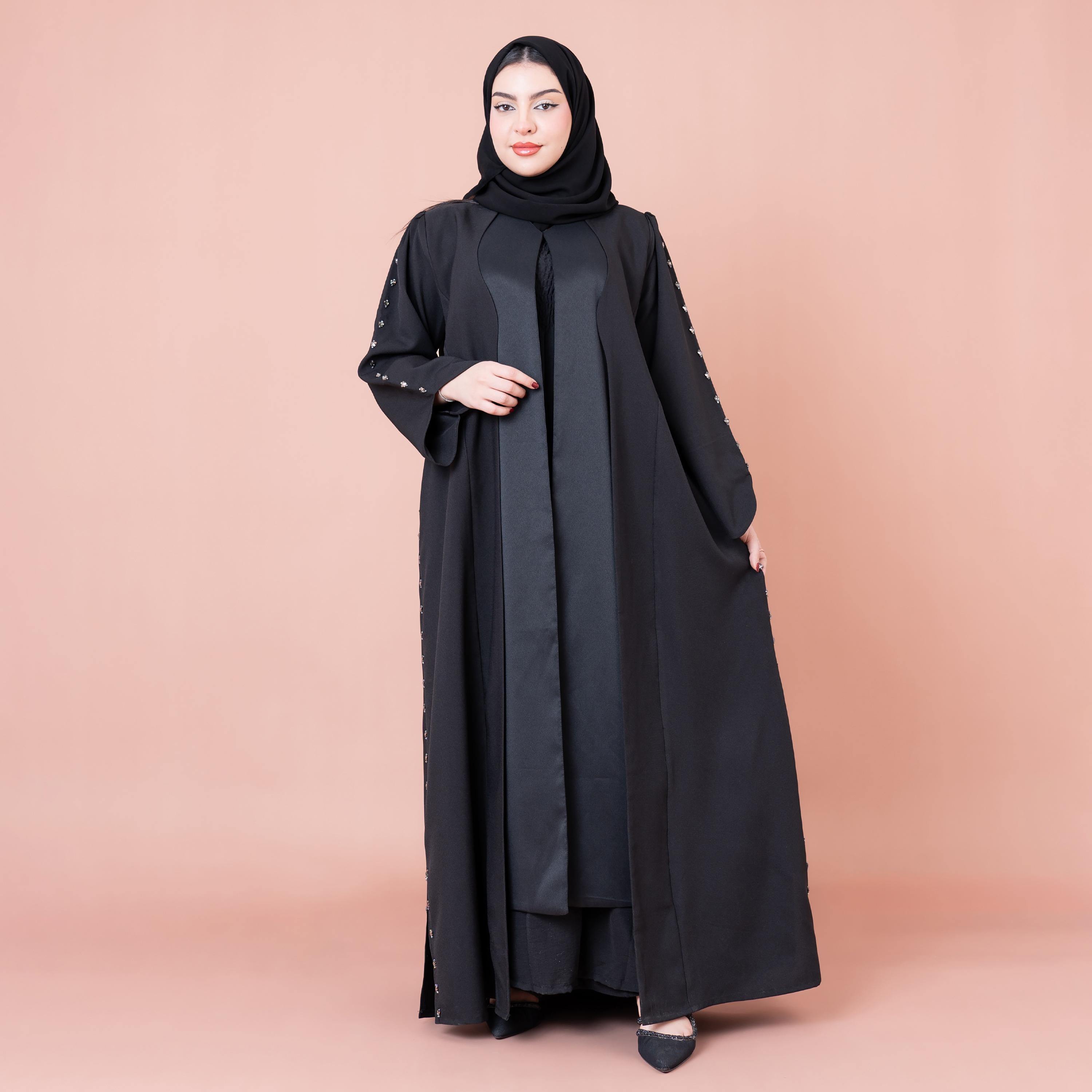 عباية نسائية سوداء فاخرة ومزينة بالخرز مع حجاب من إيككسا-women-arabicclothing-abayas-image-1