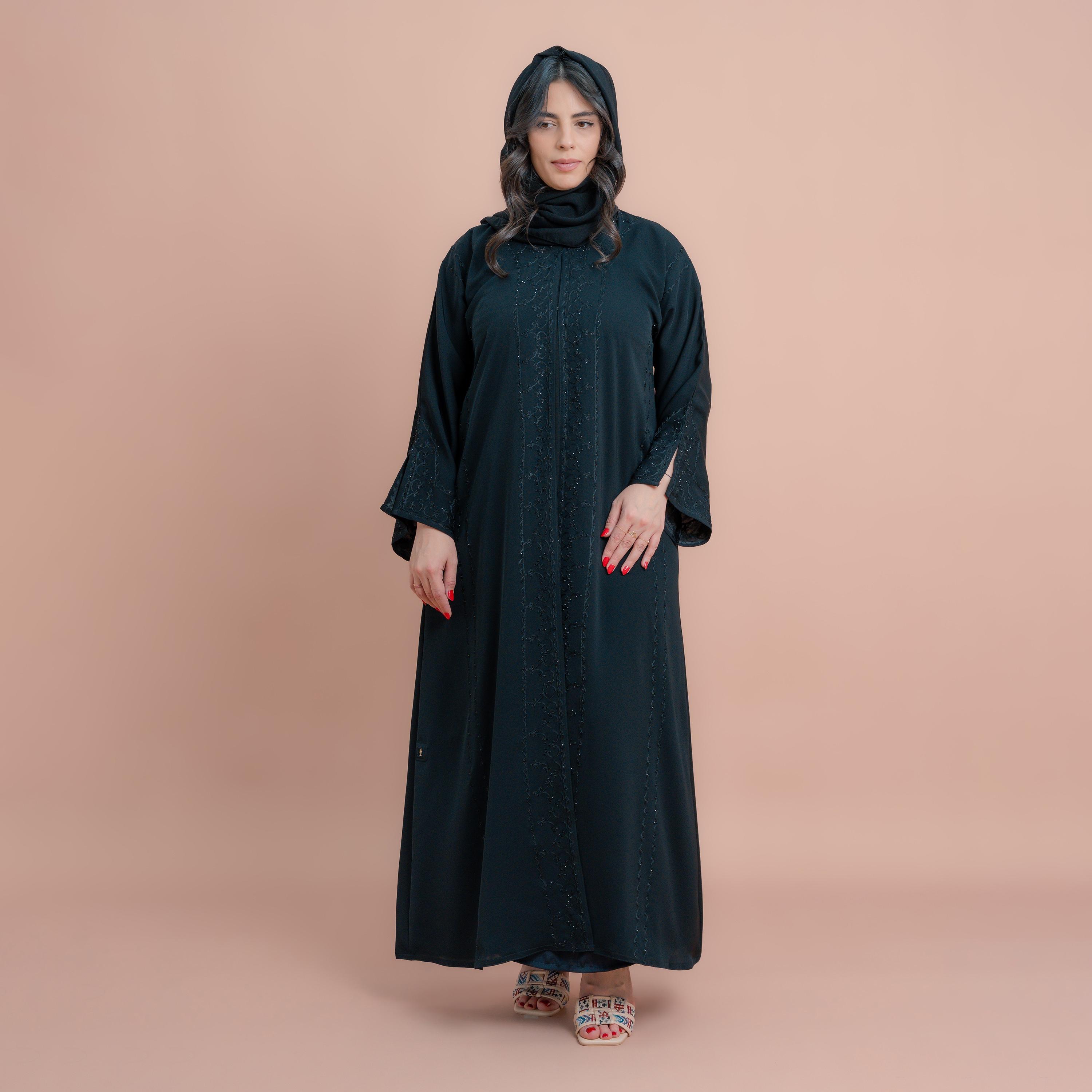 IKKXA Black Aari Embroidered Slit Sleeves Women's Abaya with Hijab-women-arabicclothing-abayas-image-1