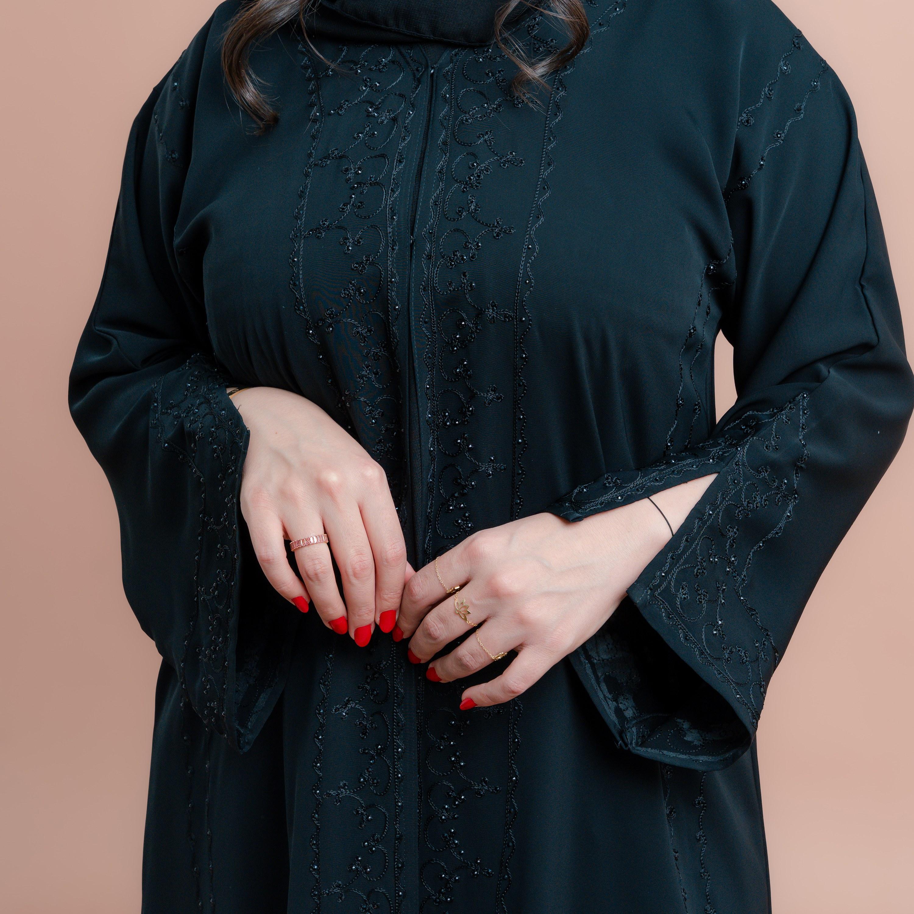IKKXA Black Aari Embroidered Slit Sleeves Women's Abaya with Hijab-women-arabicclothing-abayas-image-2