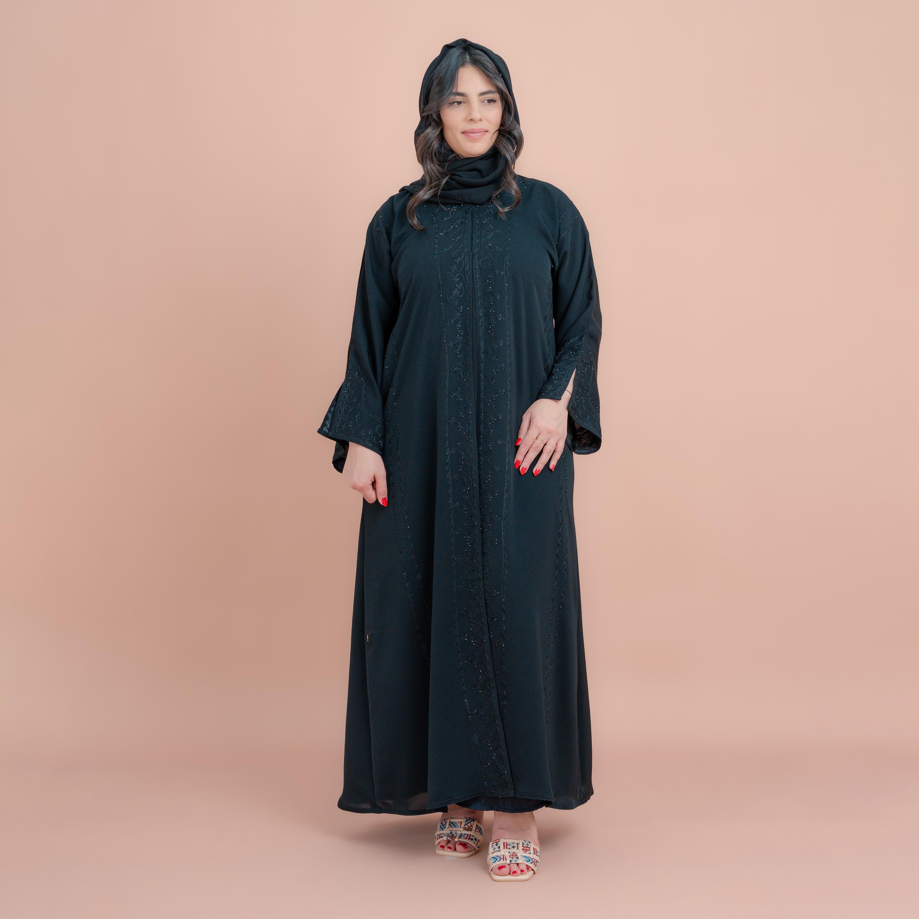 IKKXA Black Aari Embroidered Slit Sleeves Women's Abaya with Hijab-women-arabicclothing-abayas-image-3