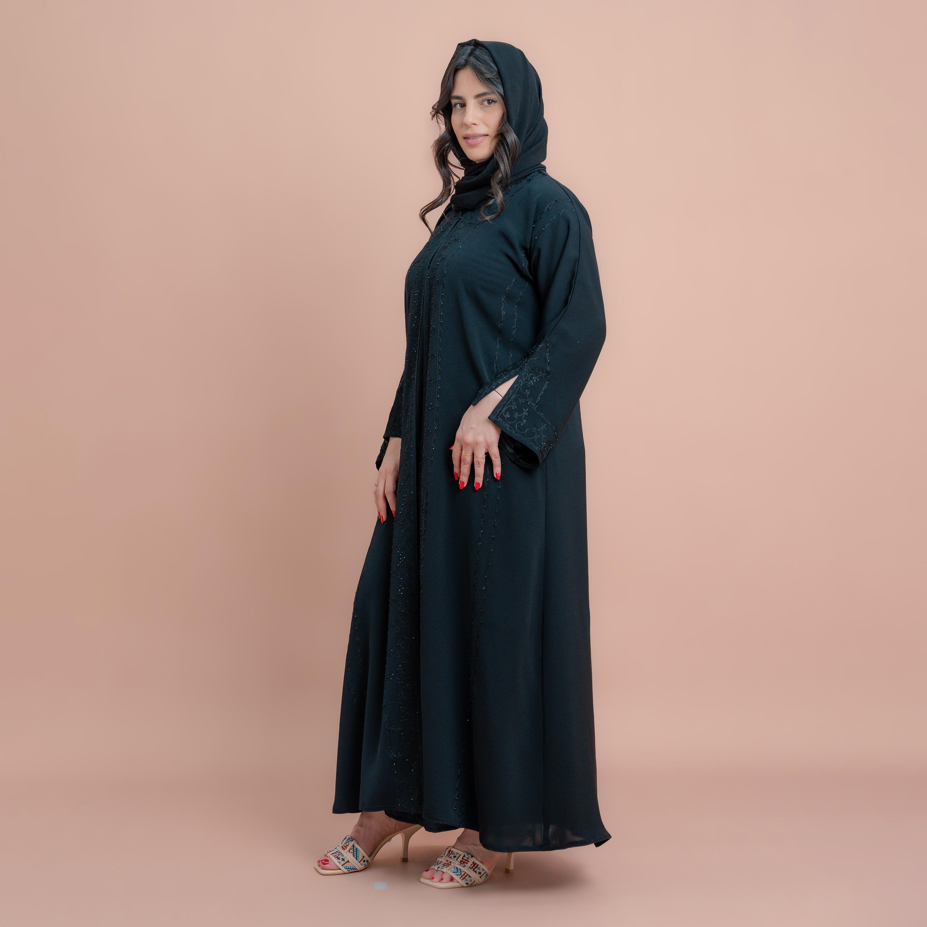 IKKXA Black Aari Embroidered Slit Sleeves Women's Abaya with Hijab-women-arabicclothing-abayas-image-4