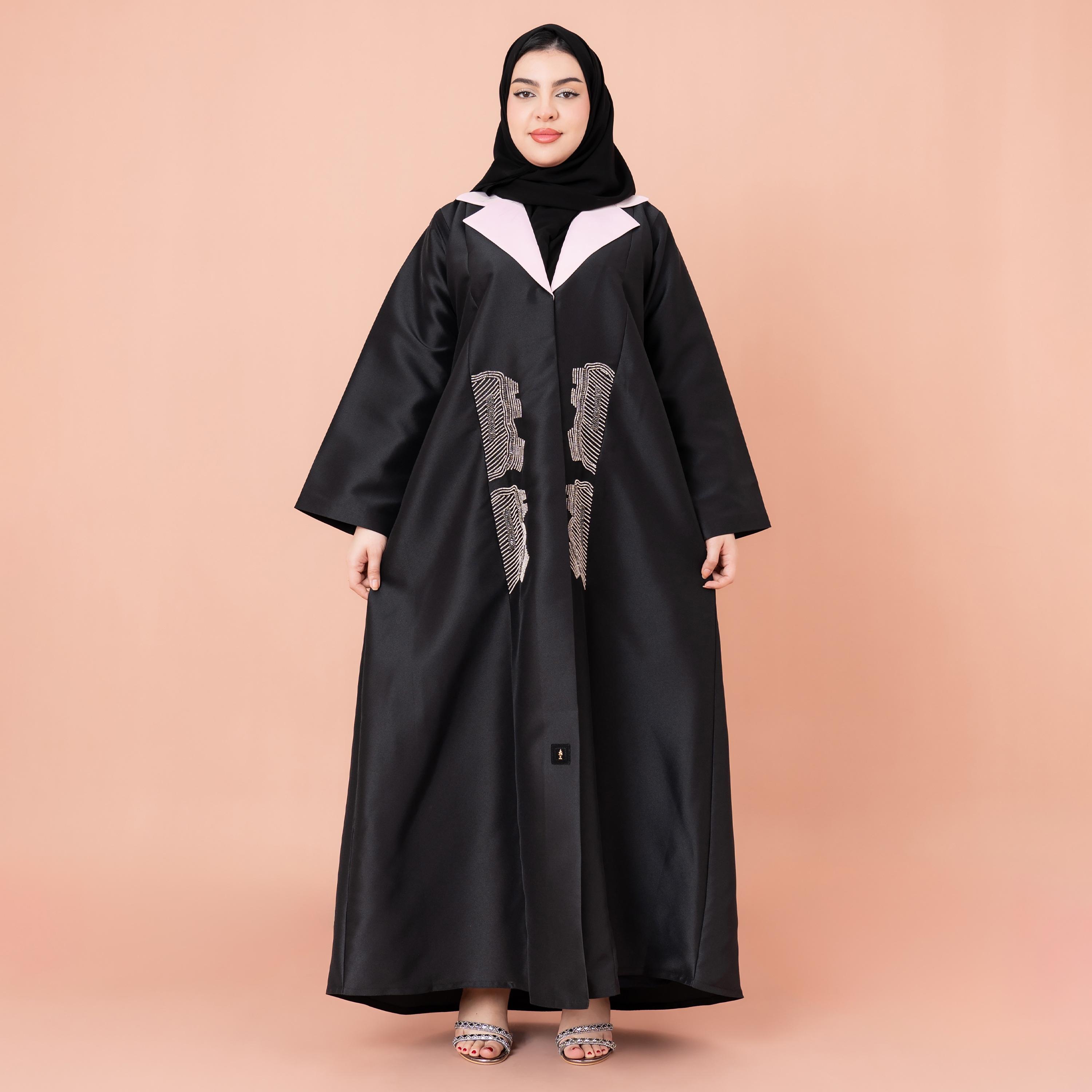 IKKXA Black Beaded Notch Collared Satin Women's Blazer Abaya with Hijab-women-arabicclothing-abayas-image-1