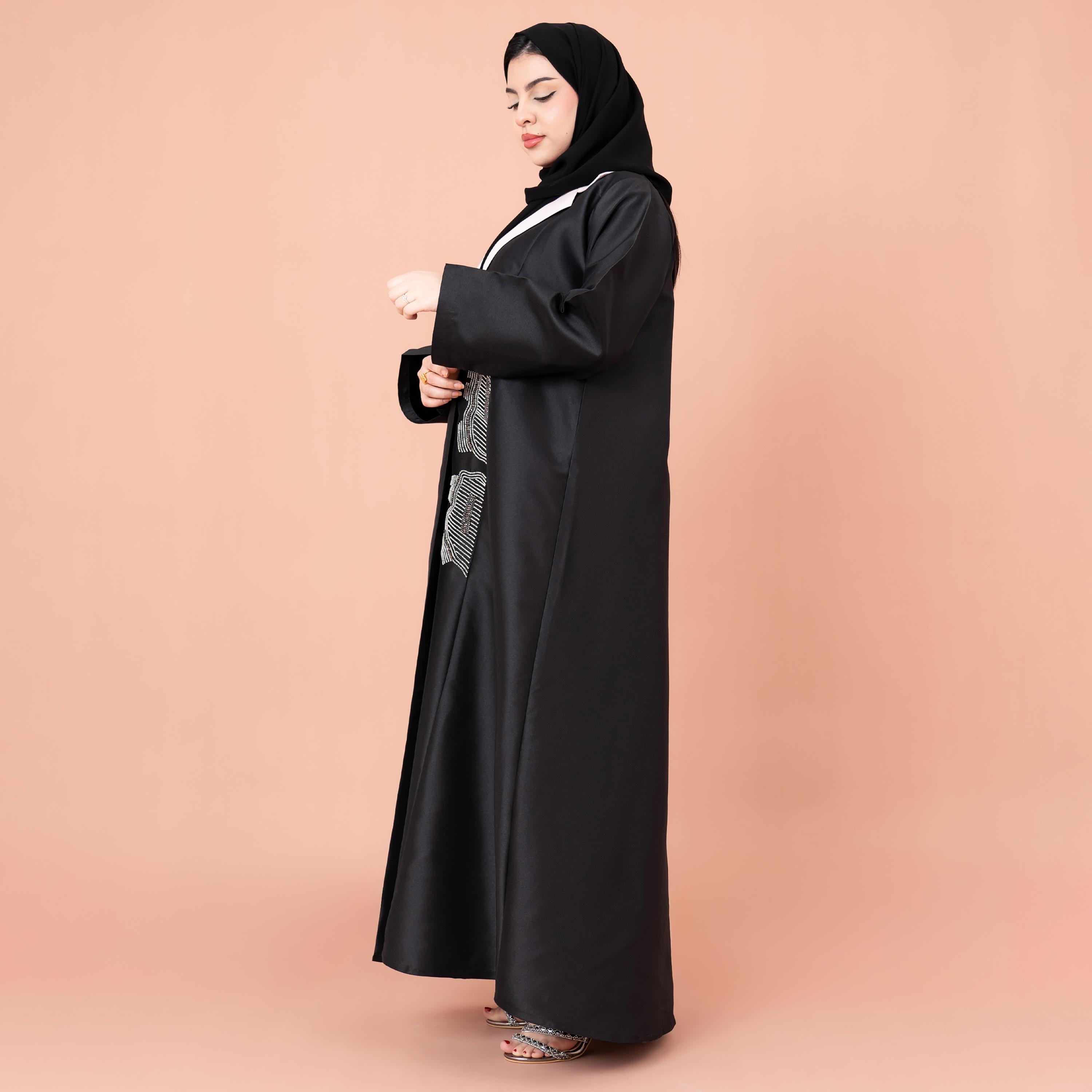 IKKXA Black Beaded Notch Collared Satin Women's Blazer Abaya with Hijab-women-arabicclothing-abayas-image-2
