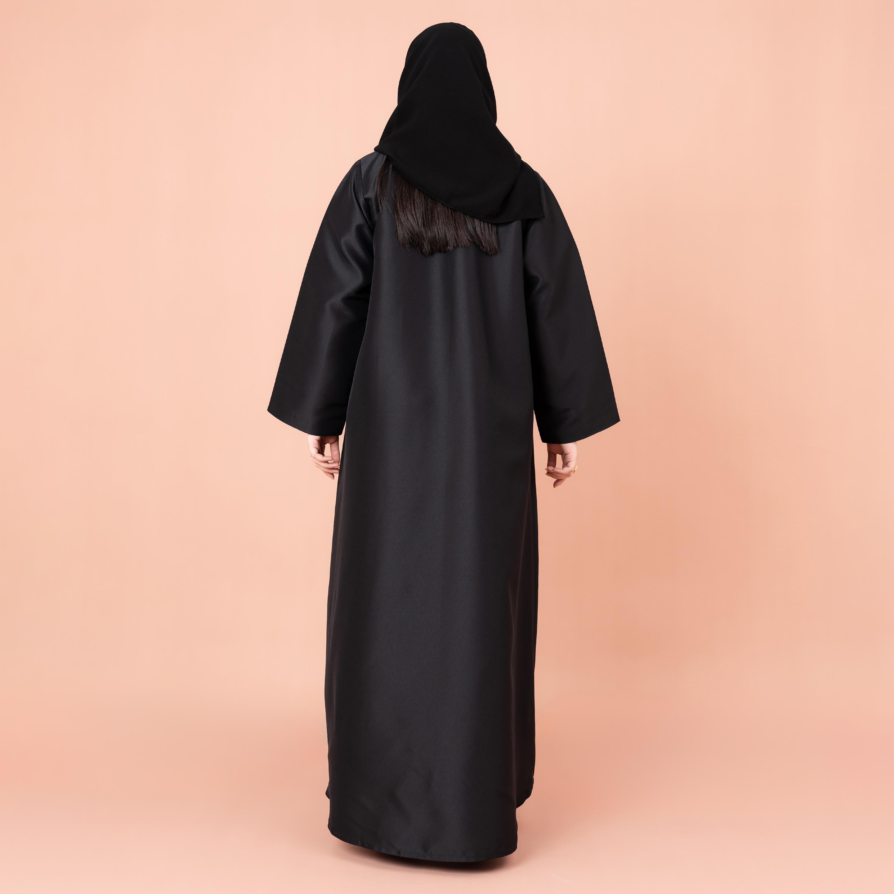 IKKXA Black Beaded Notch Collared Satin Women's Blazer Abaya with Hijab-women-arabicclothing-abayas-image-3