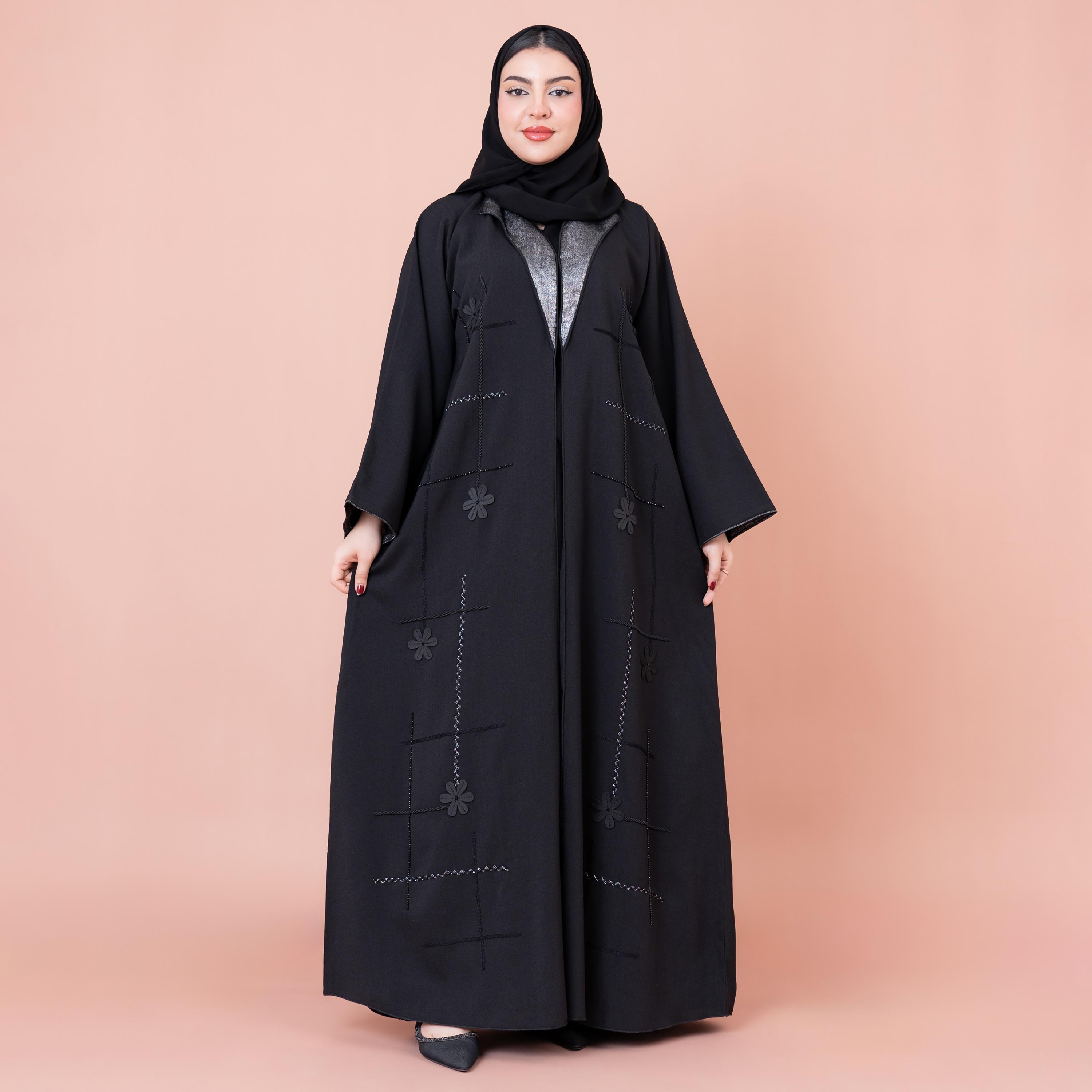 عباية نسائية سوداء بأكمام واسعة ومطرزة بتطبيقات مع حجاب من إيككسا-women-arabicclothing-abayas-image-1