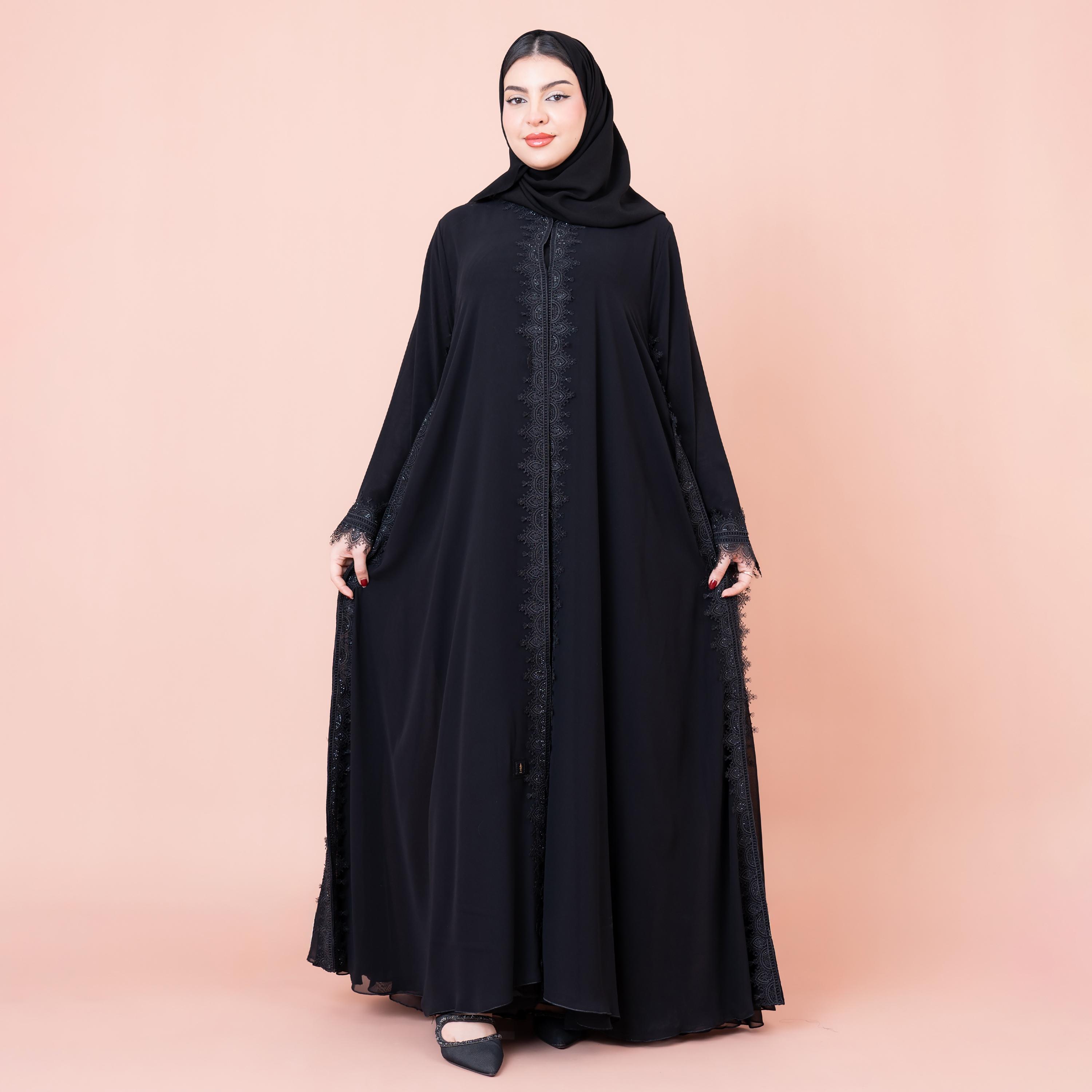 عباية نسائية سوداء بأكمام واسعة من قماش الشيفون ومطرزة بتطبيقات مع حجاب من إيككسا-women-arabicclothing-abayas-image-1