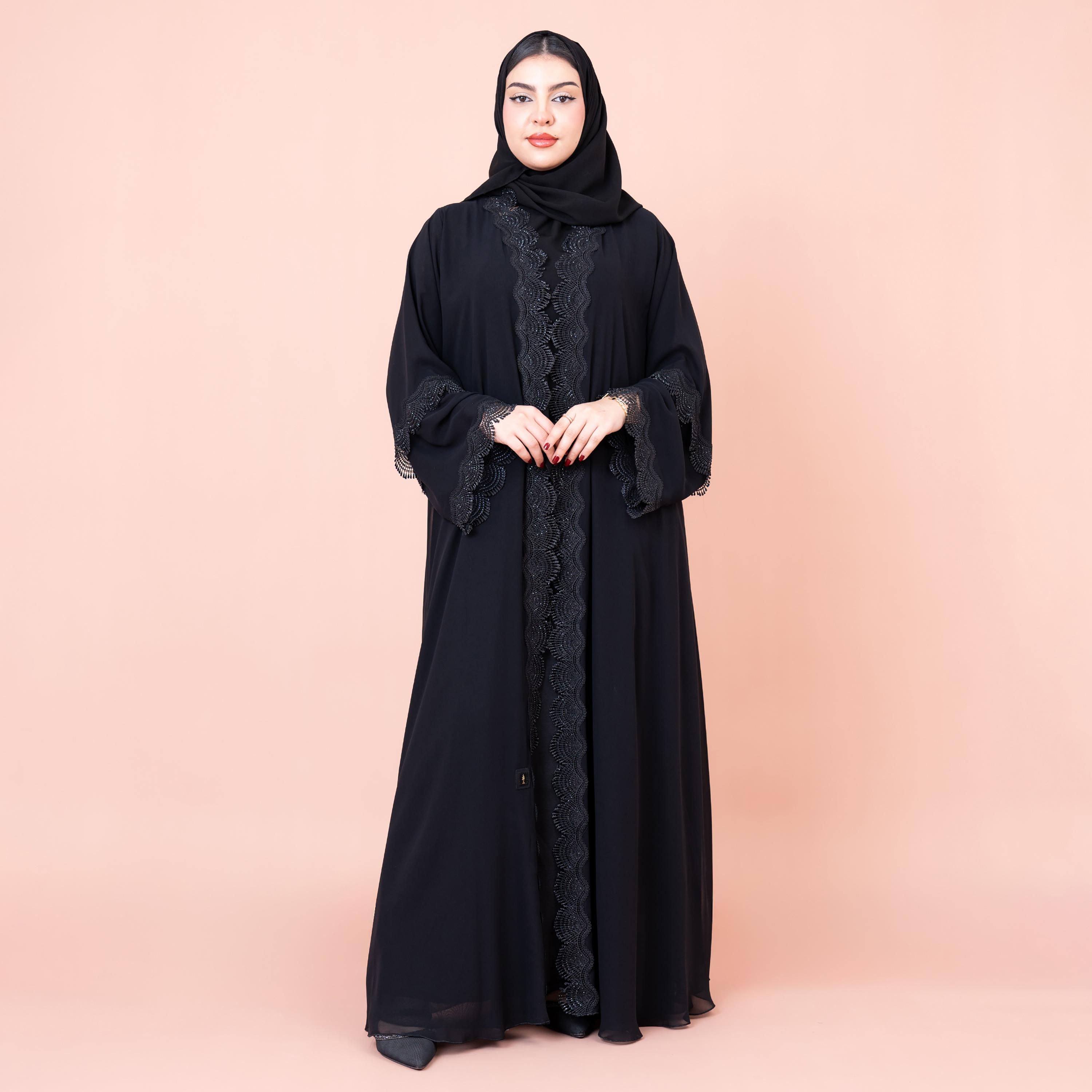 عباية نسائية سوداء بأكمام واسعة ومطرزة بتطبيقات مع حجاب من إيككسا-women-arabicclothing-abayas-image-1