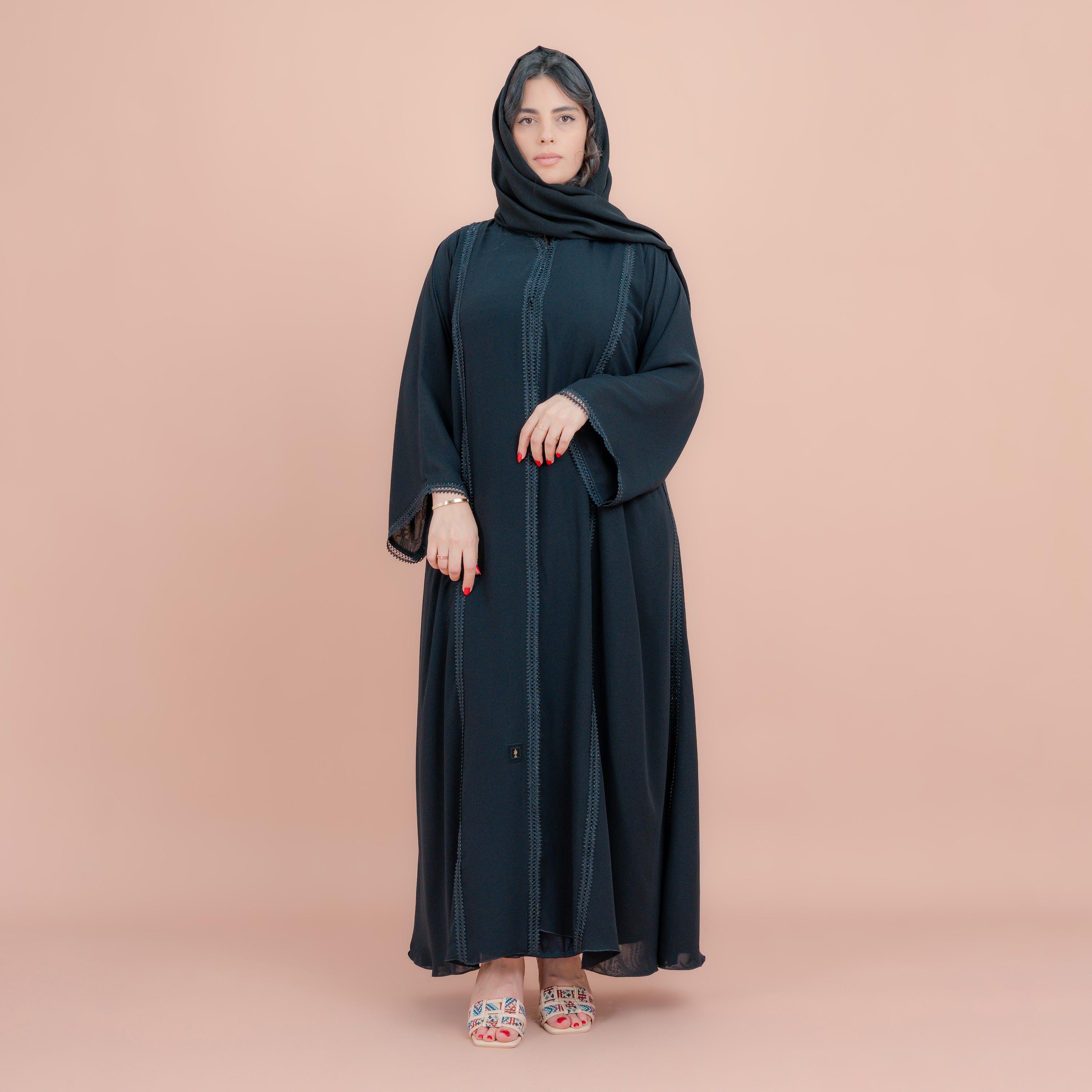 IKKXA Black Subtle Lace Panel Detailing Wide Sleeves Women's Abaya with Hijab-women-arabicclothing-abayas-image-1