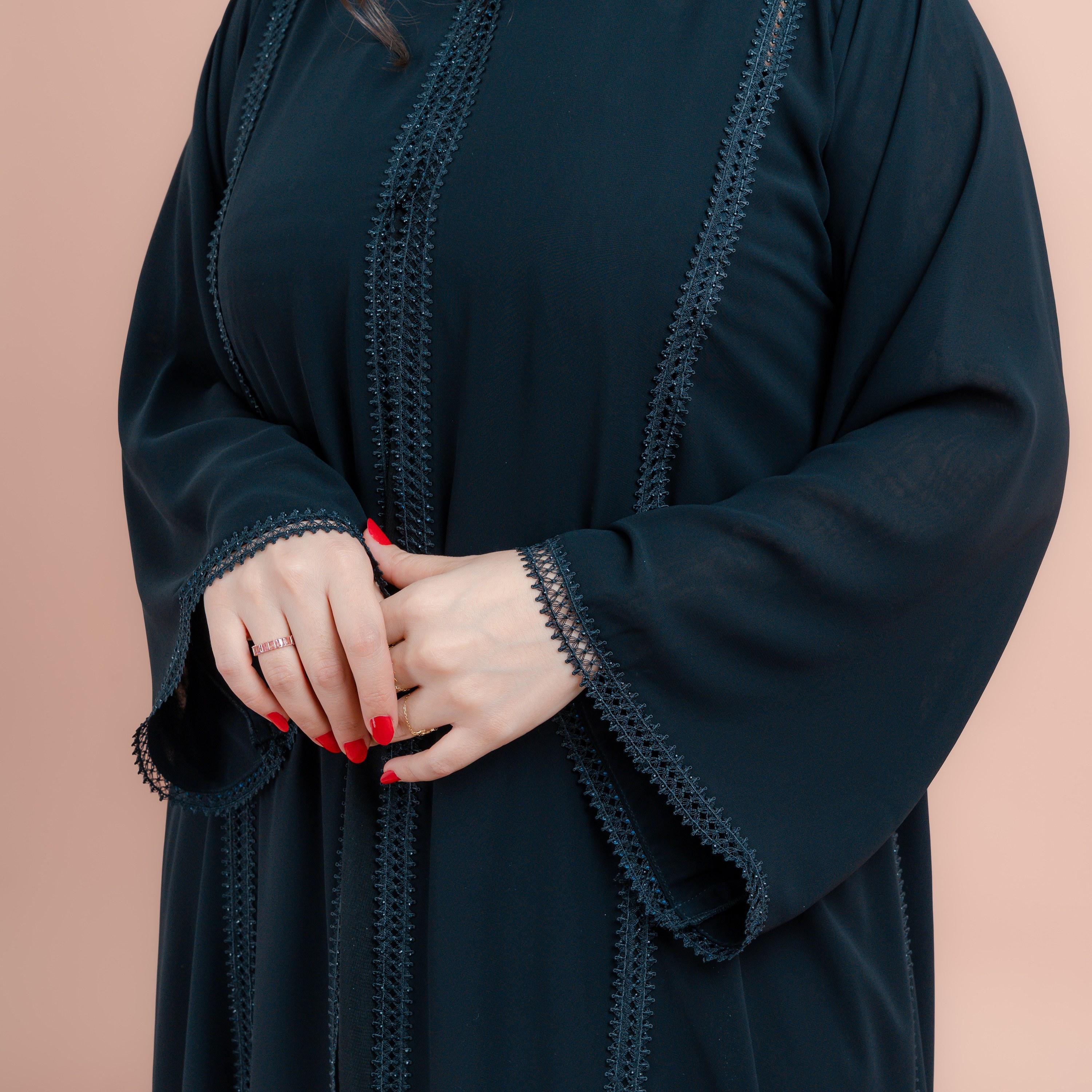 IKKXA Black Subtle Lace Panel Detailing Wide Sleeves Women's Abaya with Hijab-women-arabicclothing-abayas-image-2