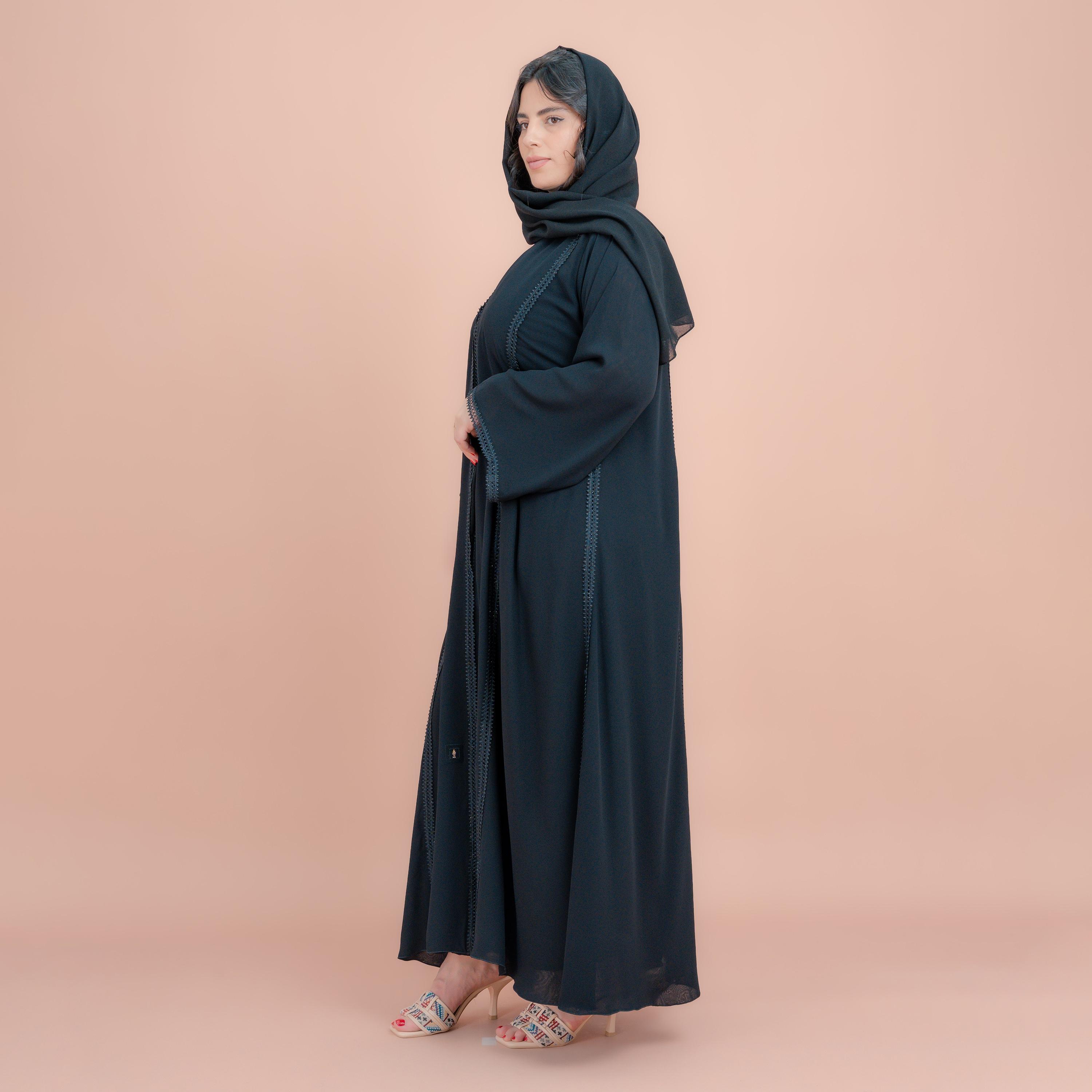 IKKXA Black Subtle Lace Panel Detailing Wide Sleeves Women's Abaya with Hijab-women-arabicclothing-abayas-image-3
