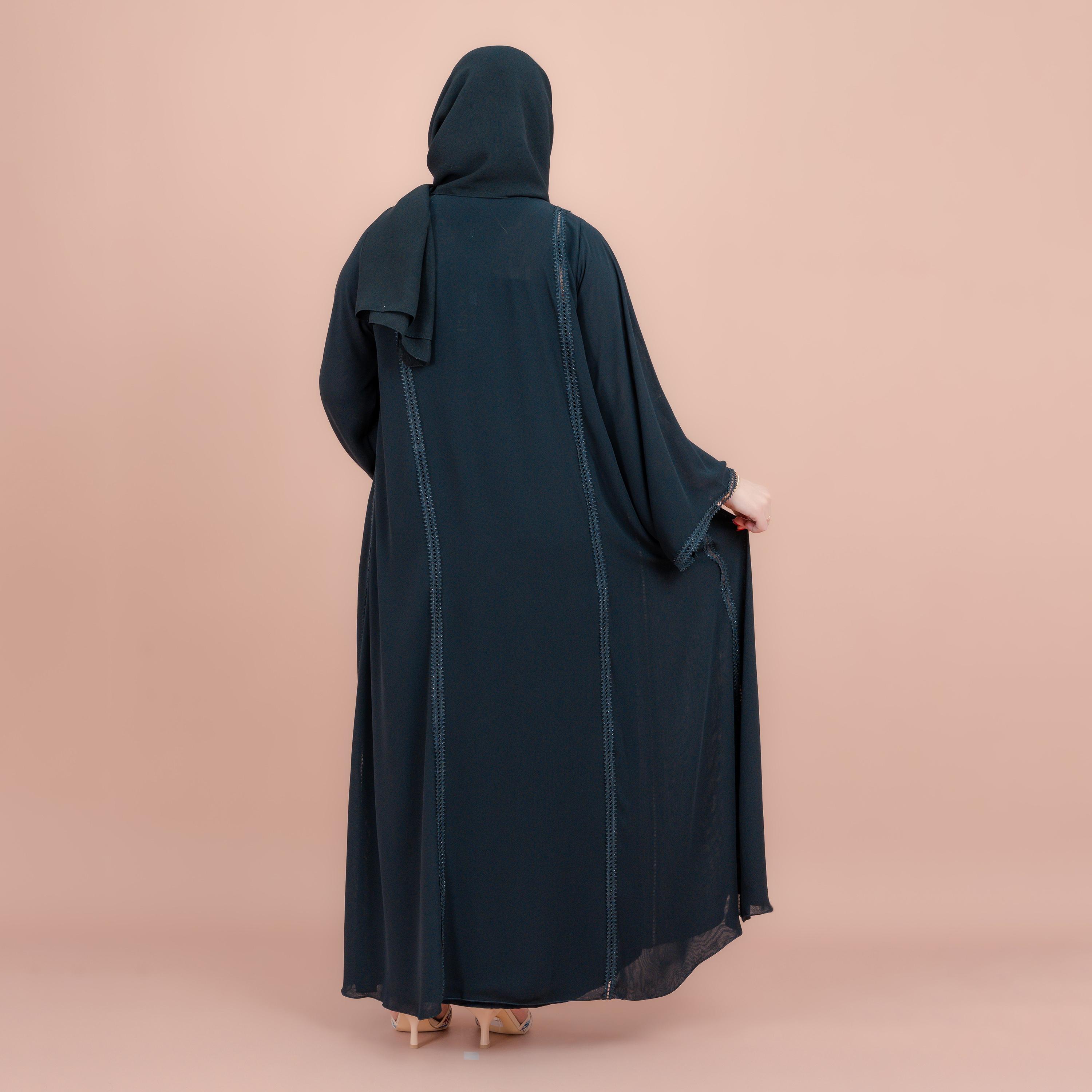 IKKXA Black Subtle Lace Panel Detailing Wide Sleeves Women's Abaya with Hijab-women-arabicclothing-abayas-image-4