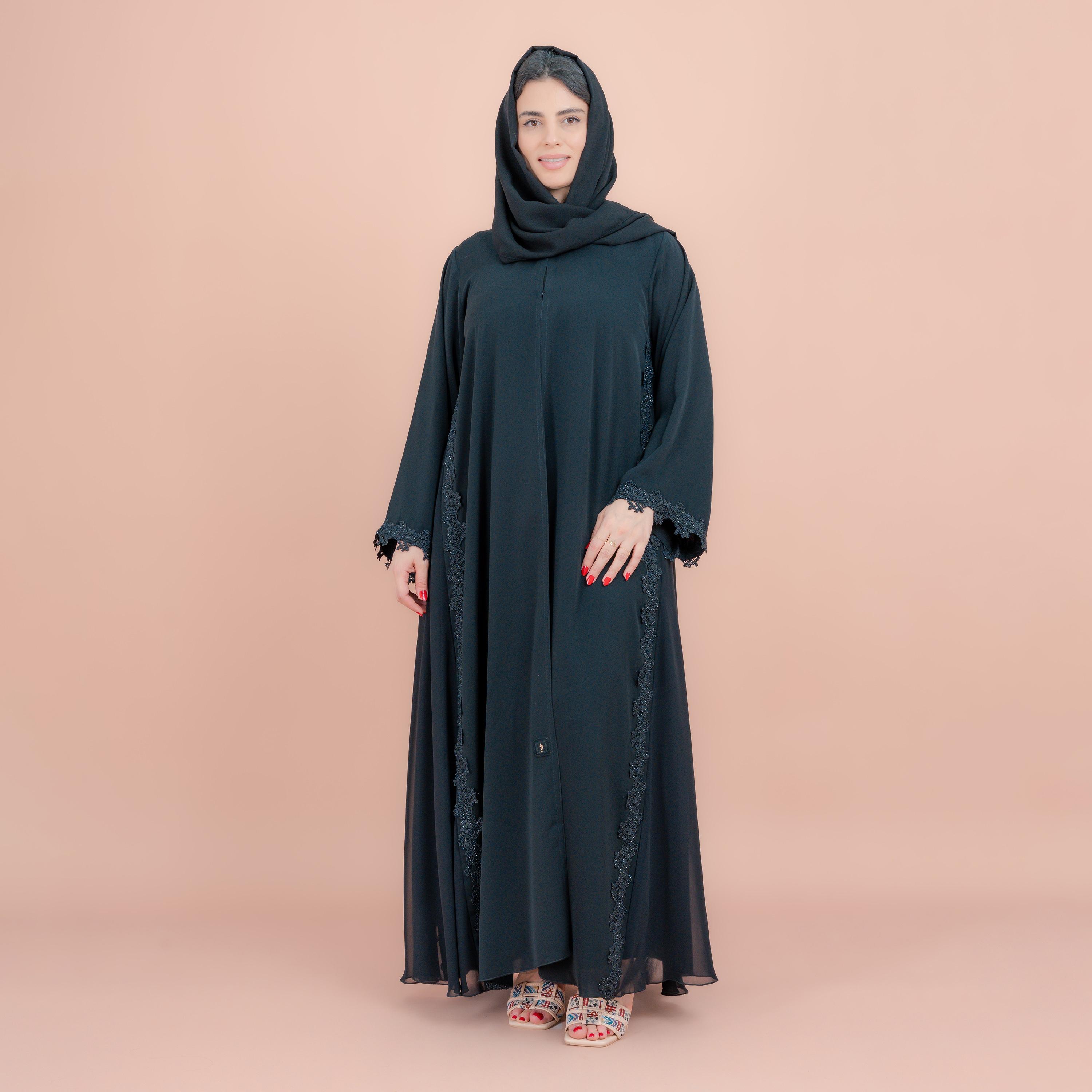 IKKXA Black Lace Applique Wide Sleeves Women's Abaya with Hijab-women-arabicclothing-abayas-image-1