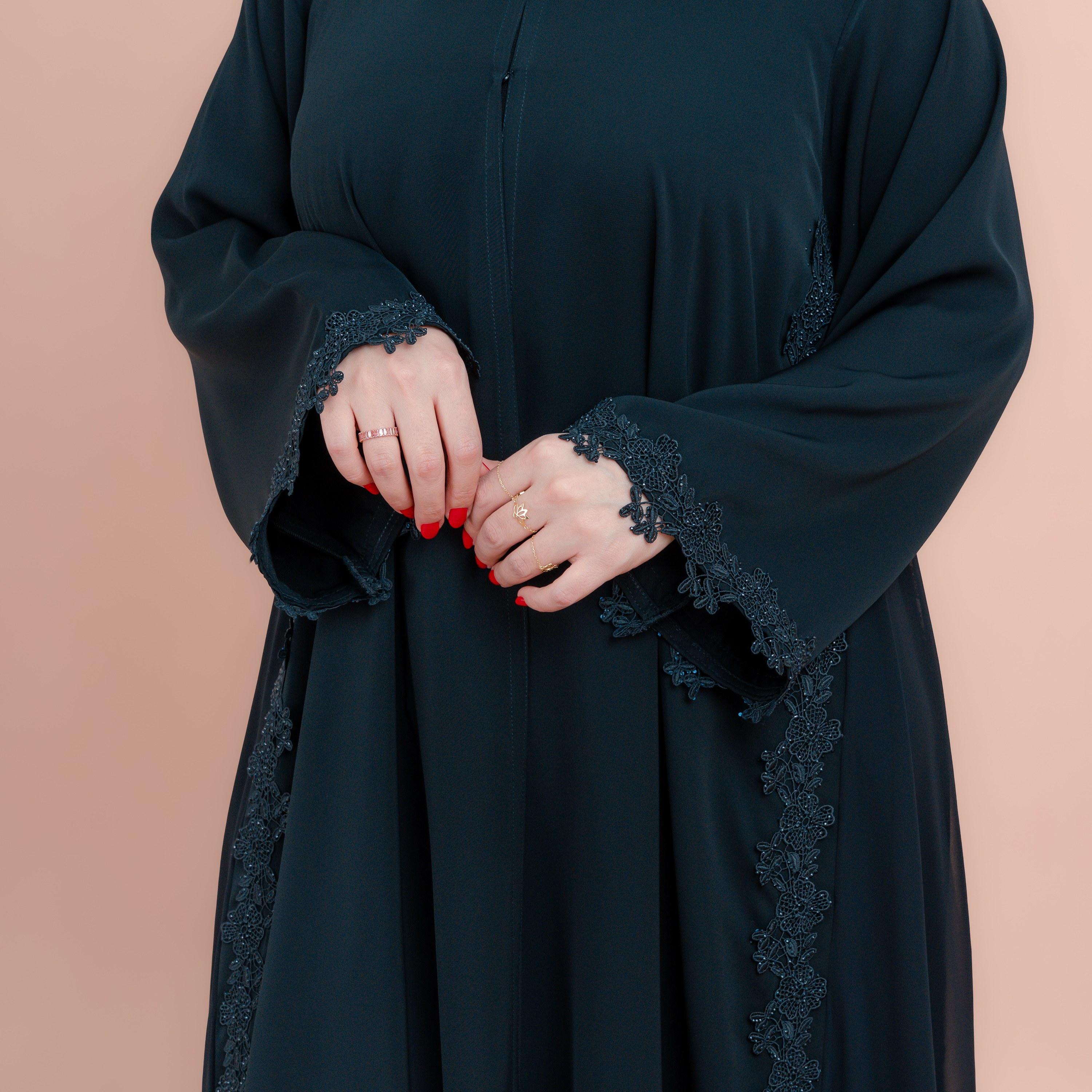 IKKXA Black Lace Applique Wide Sleeves Women's Abaya with Hijab-women-arabicclothing-abayas-image-2