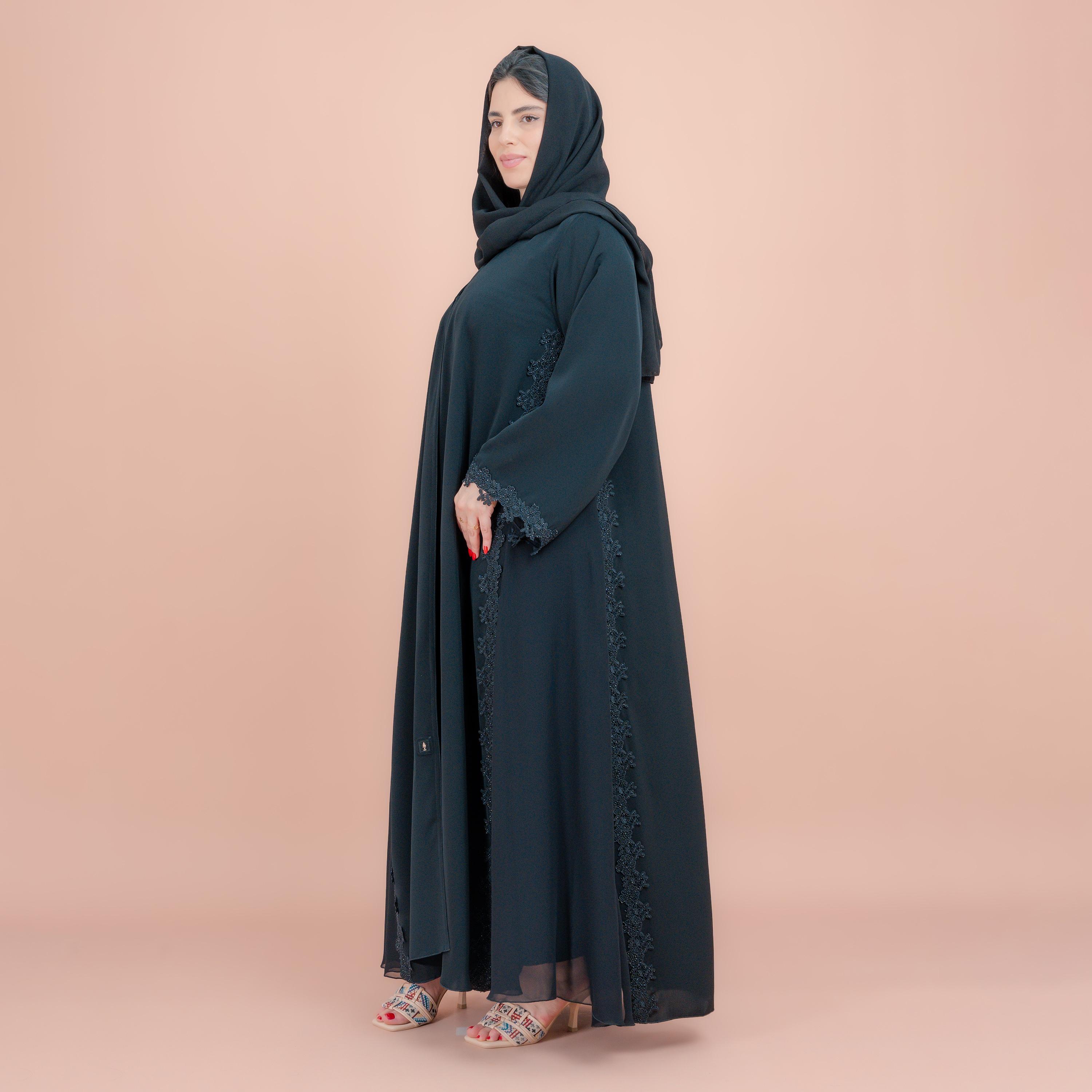 IKKXA Black Lace Applique Wide Sleeves Women's Abaya with Hijab-women-arabicclothing-abayas-image-3