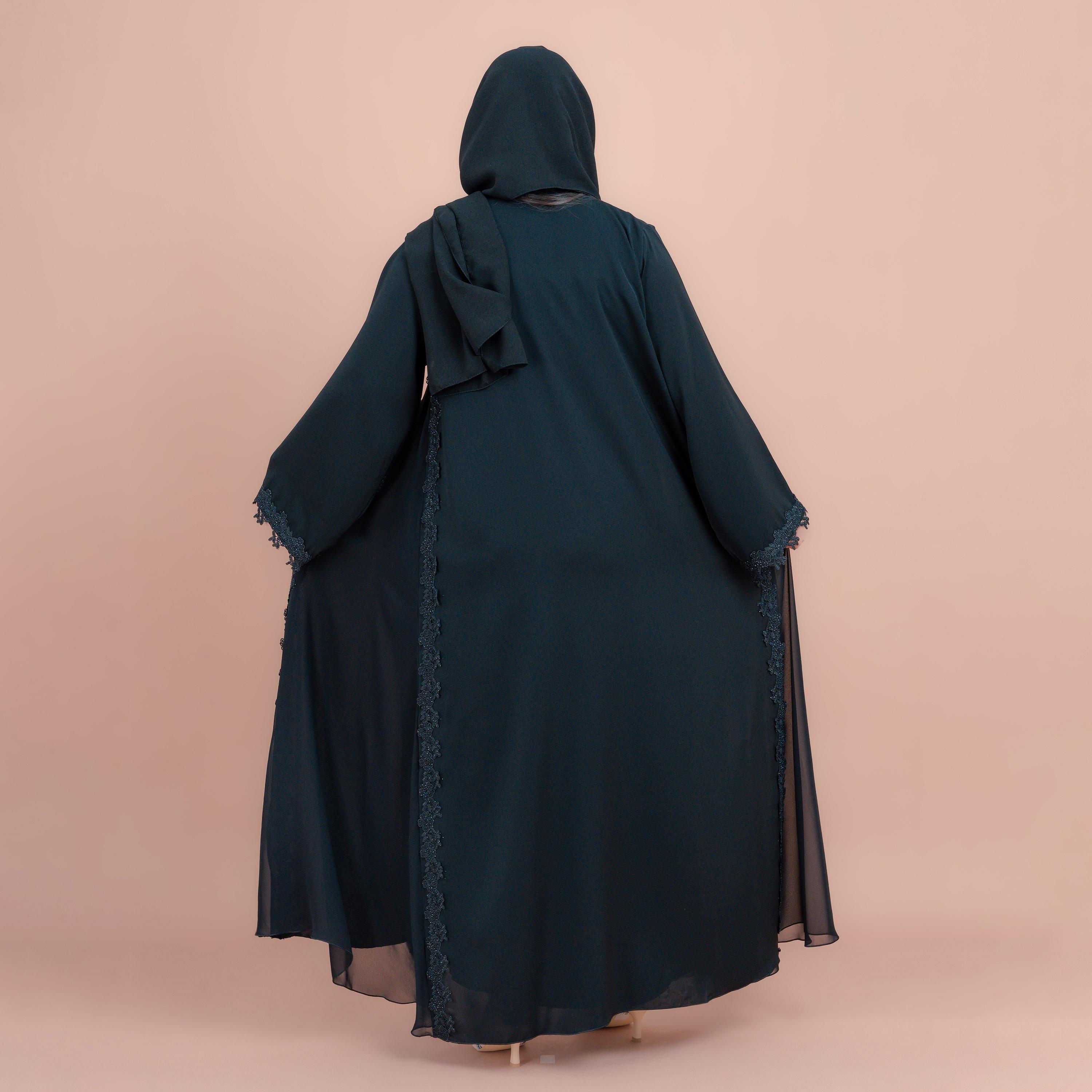 IKKXA Black Lace Applique Wide Sleeves Women's Abaya with Hijab-women-arabicclothing-abayas-image-4