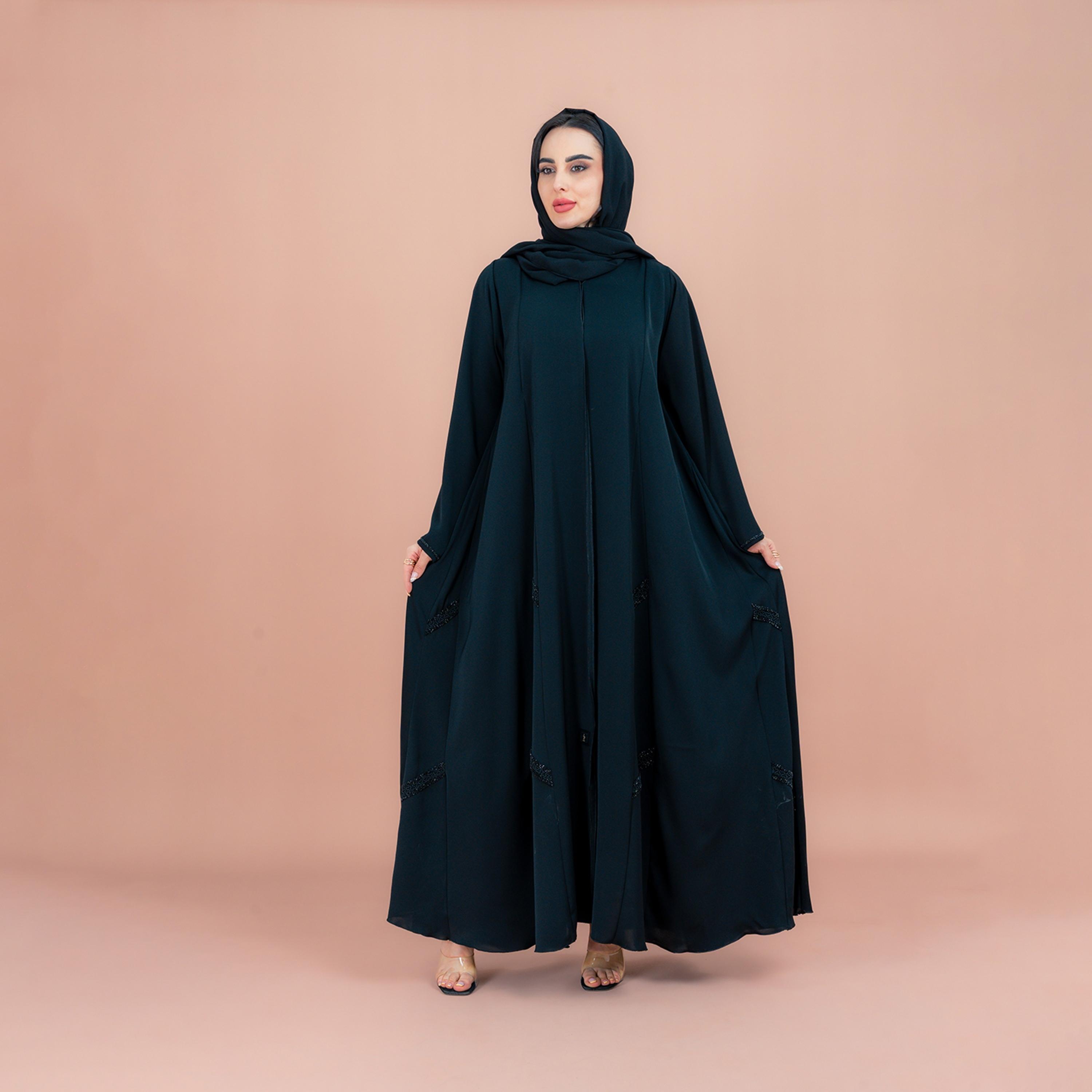 IKKXA Green Hand Beaded Classic Abaya with Hijab-women-arabicclothing-abayas-image-1