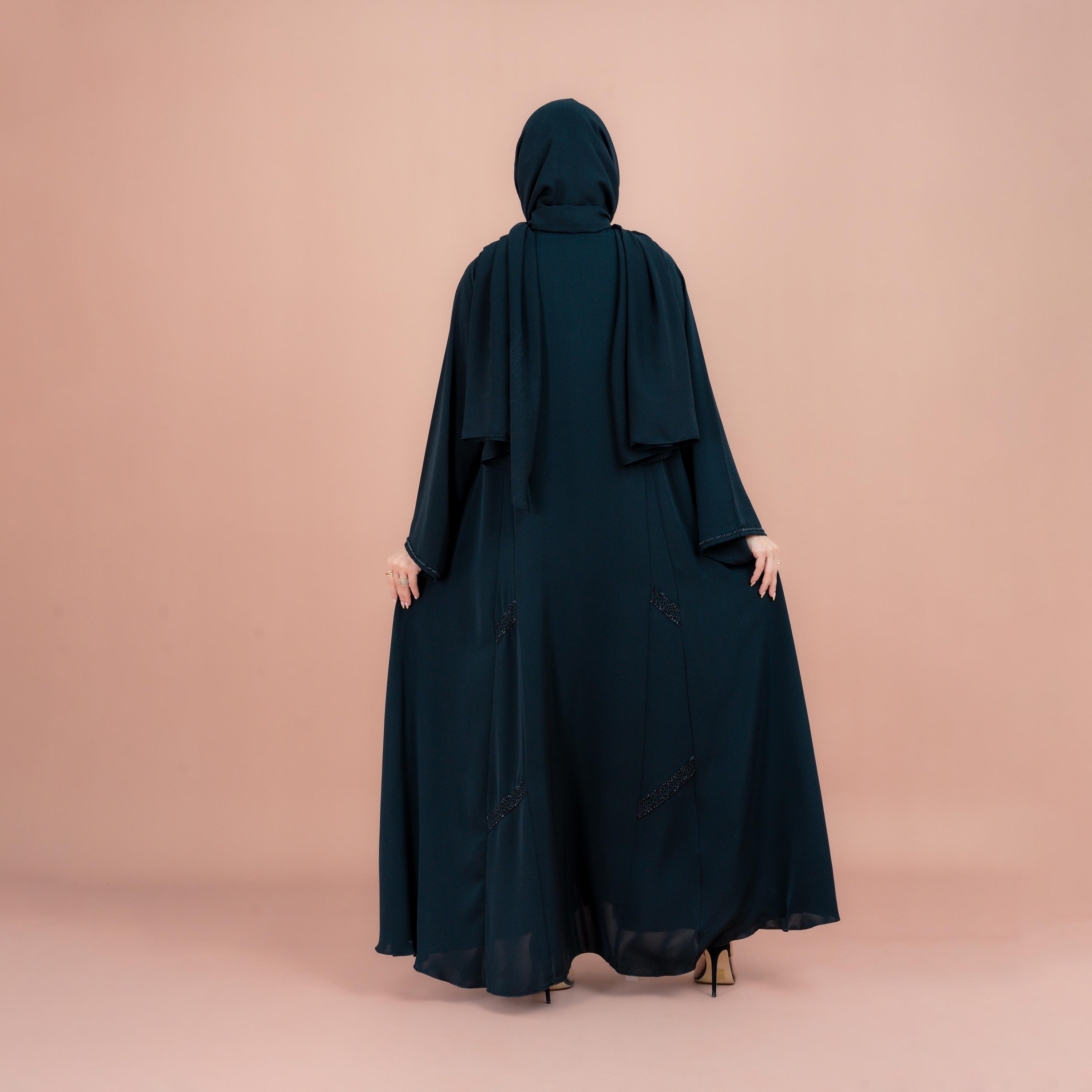 IKKXA Green Hand Beaded Classic Abaya with Hijab-women-arabicclothing-abayas-image-4