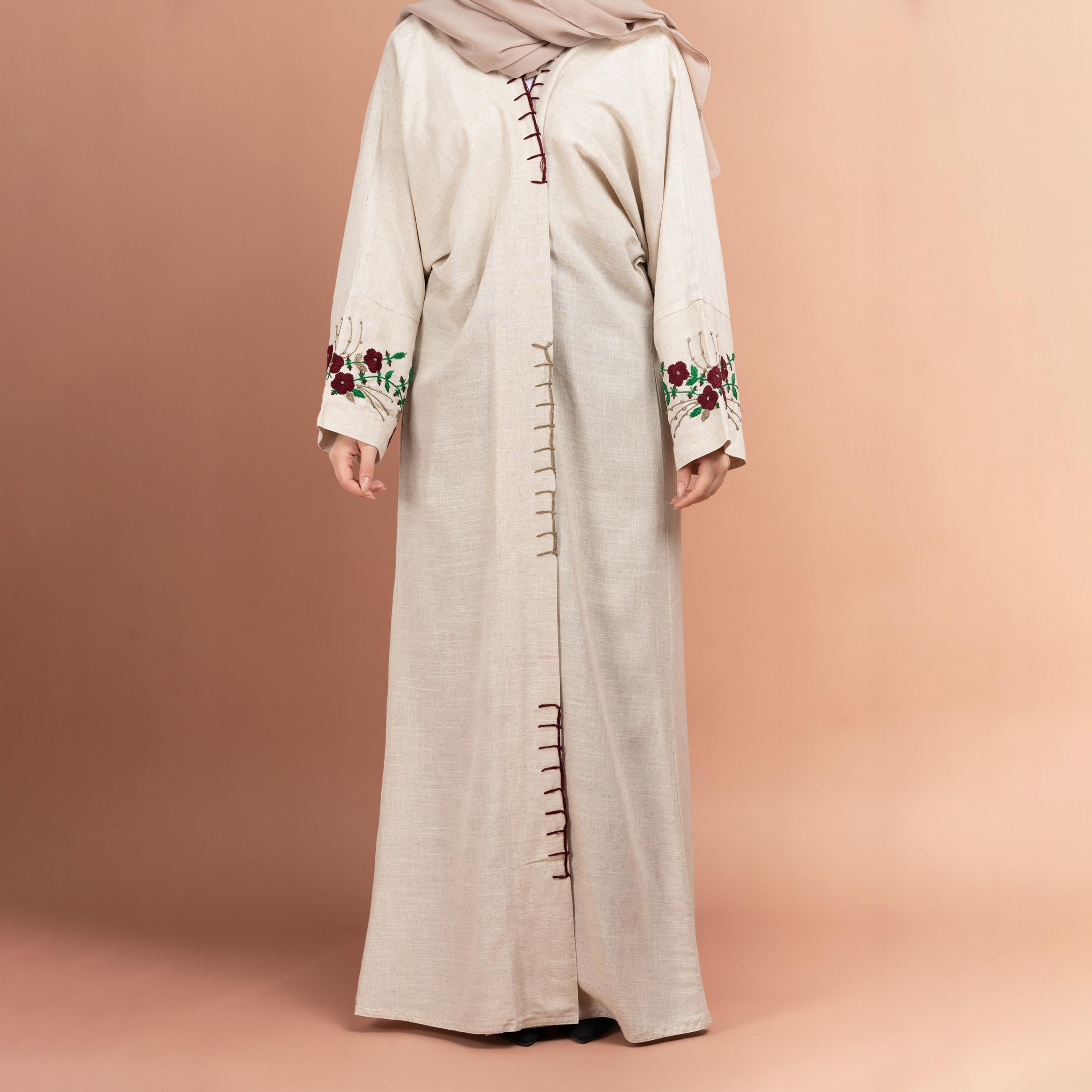 IKKXA Beige Hand Embroidered Sleeves Linen Abaya with Hijab-women-arabicclothing-abayas-image-3