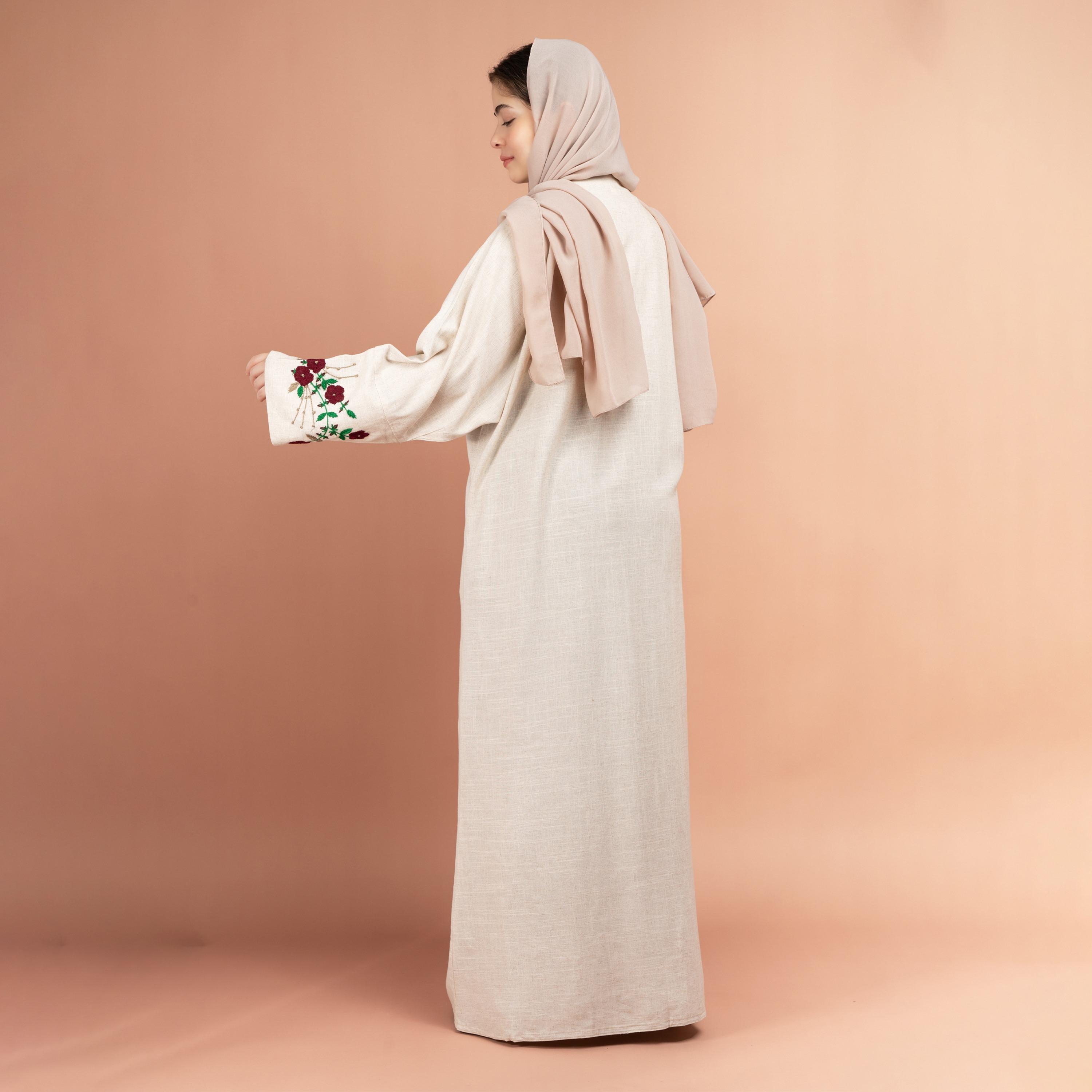 IKKXA Beige Hand Embroidered Sleeves Linen Abaya with Hijab-women-arabicclothing-abayas-image-4