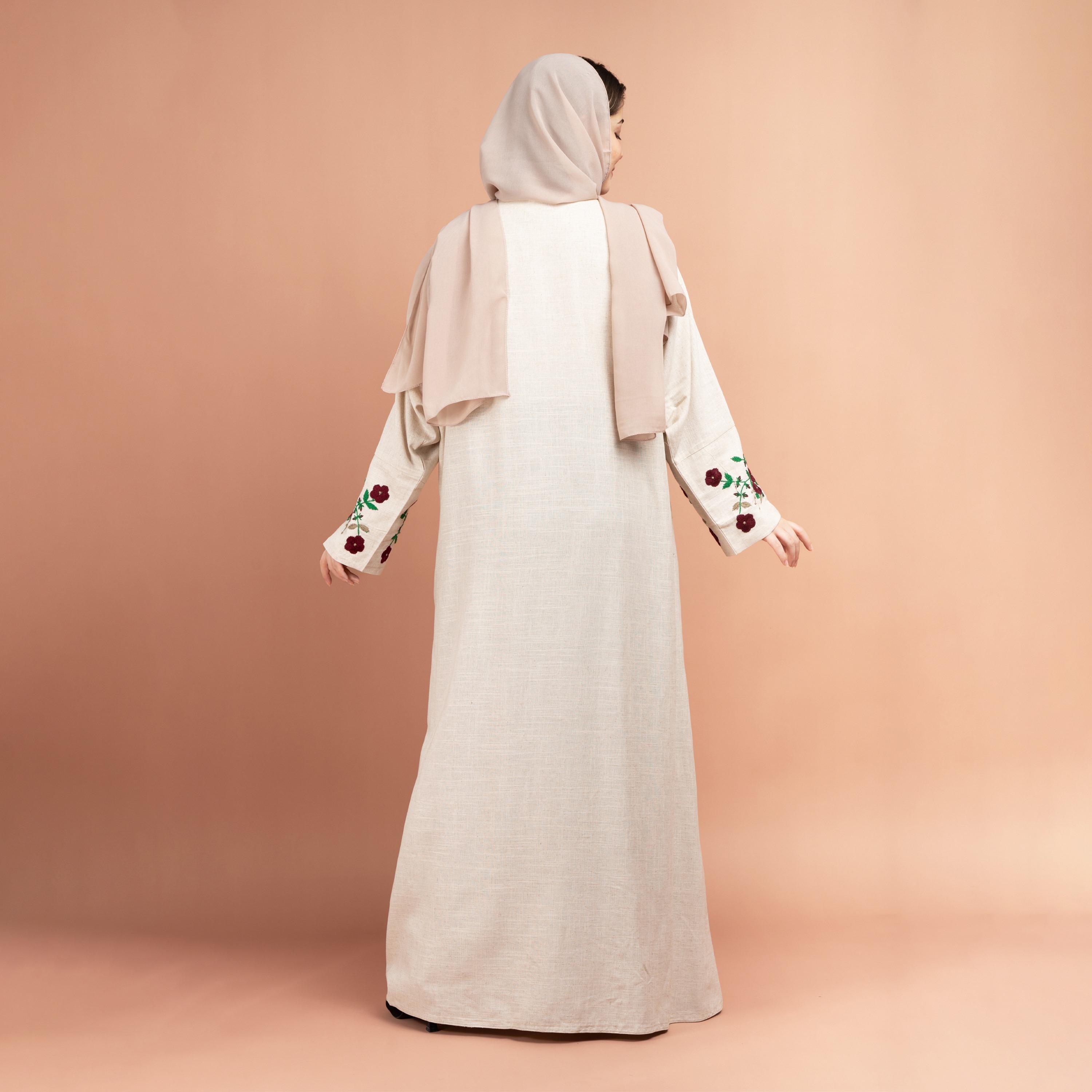 IKKXA Beige Hand Embroidered Sleeves Linen Abaya with Hijab-women-arabicclothing-abayas-image-5