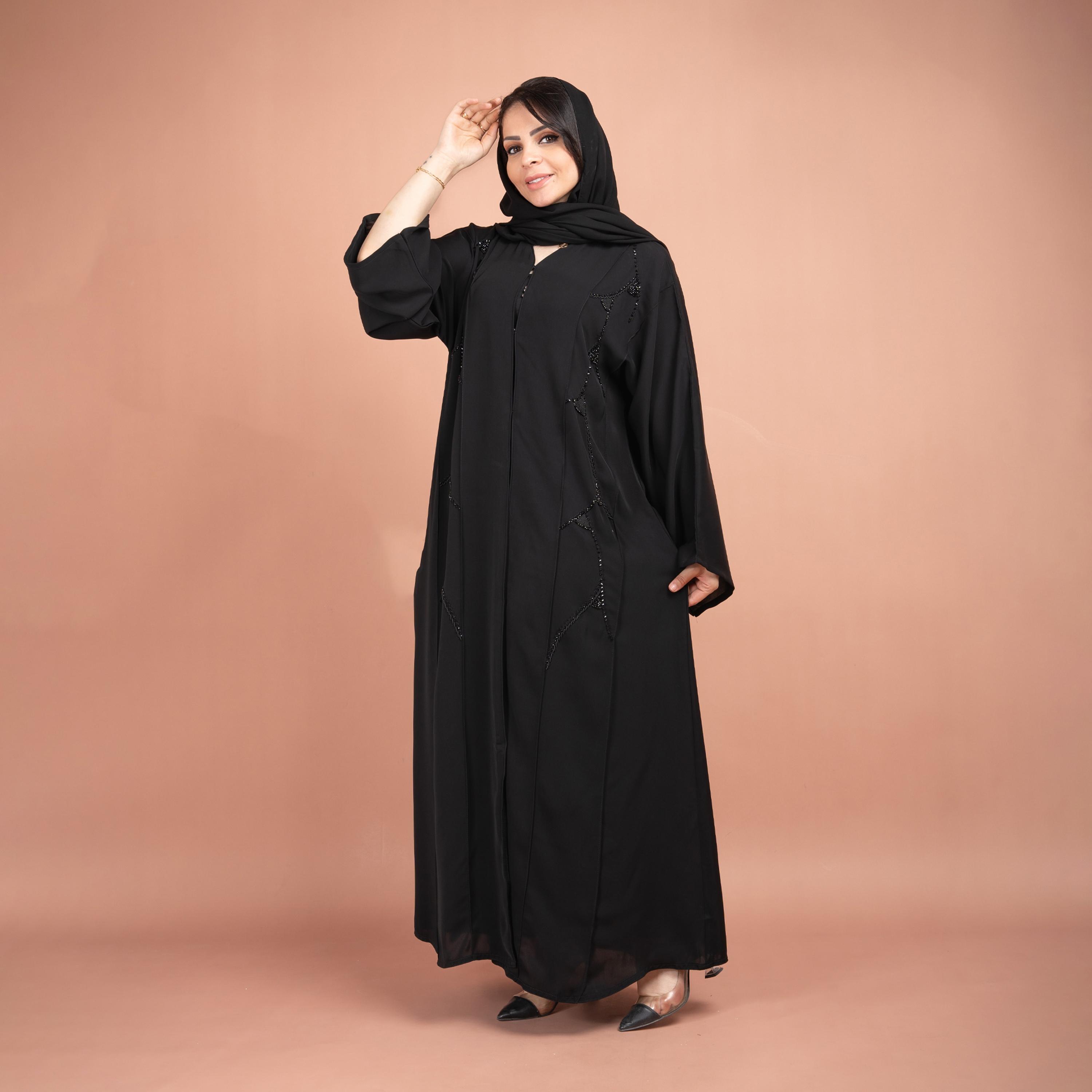 IKKXA Black Flared Sleeves Beads & Embroidered Abaya with Hijab-women-arabicclothing-abayas-image-1