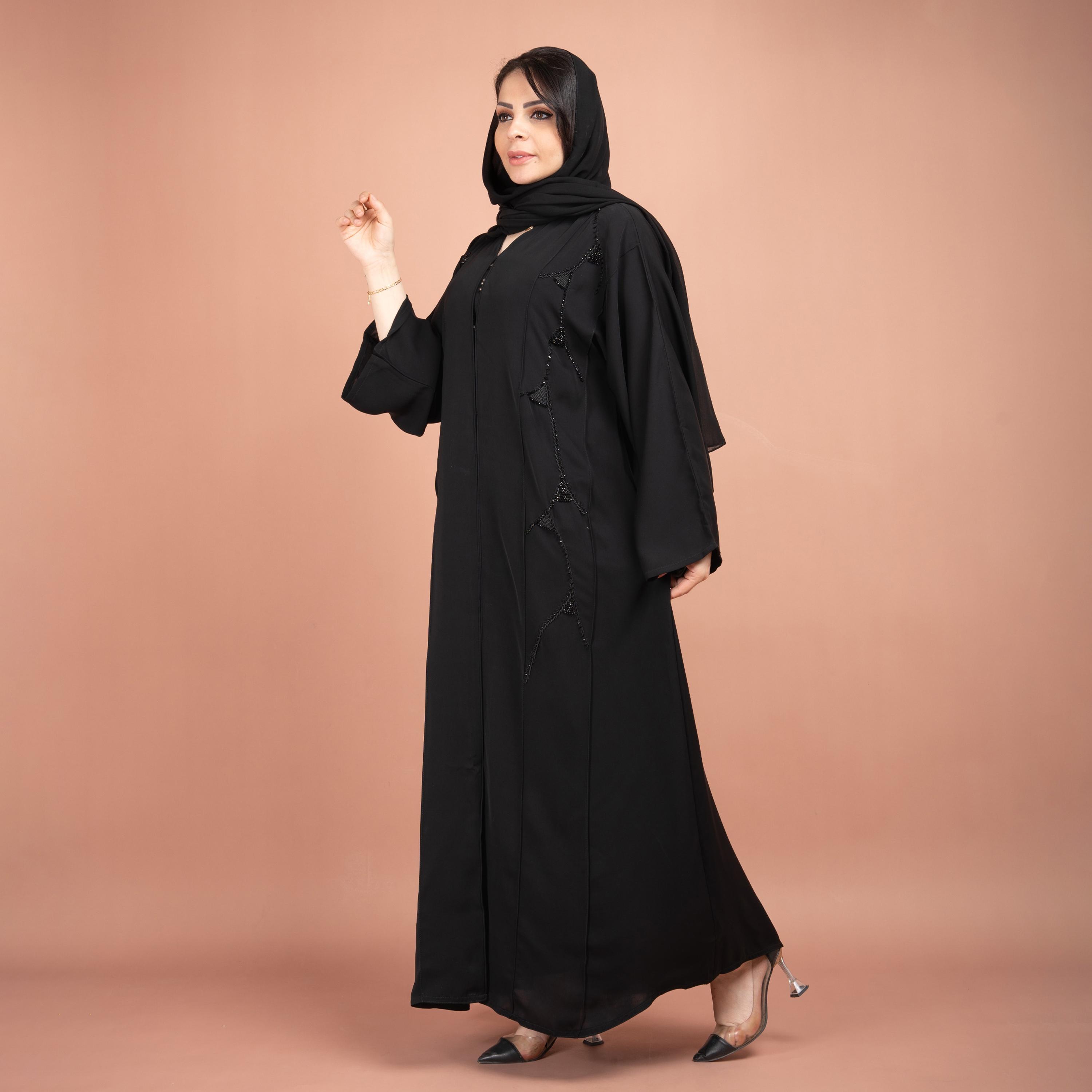 IKKXA Black Flared Sleeves Beads & Embroidered Abaya with Hijab-women-arabicclothing-abayas-image-3