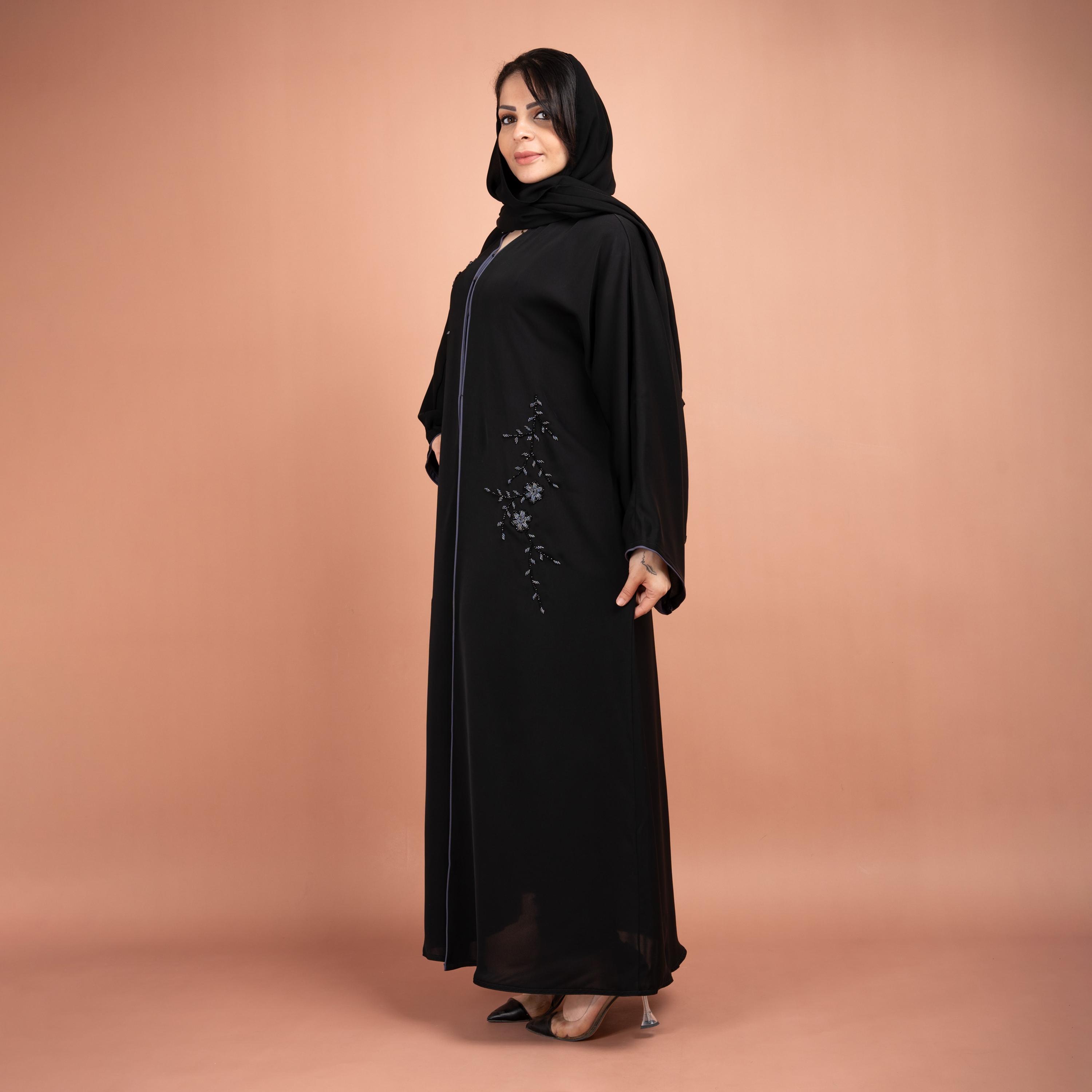 IKKXA Black Flared Sleeves Beads & Embroidered Abaya with Hijab-women-arabicclothing-abayas-image-3