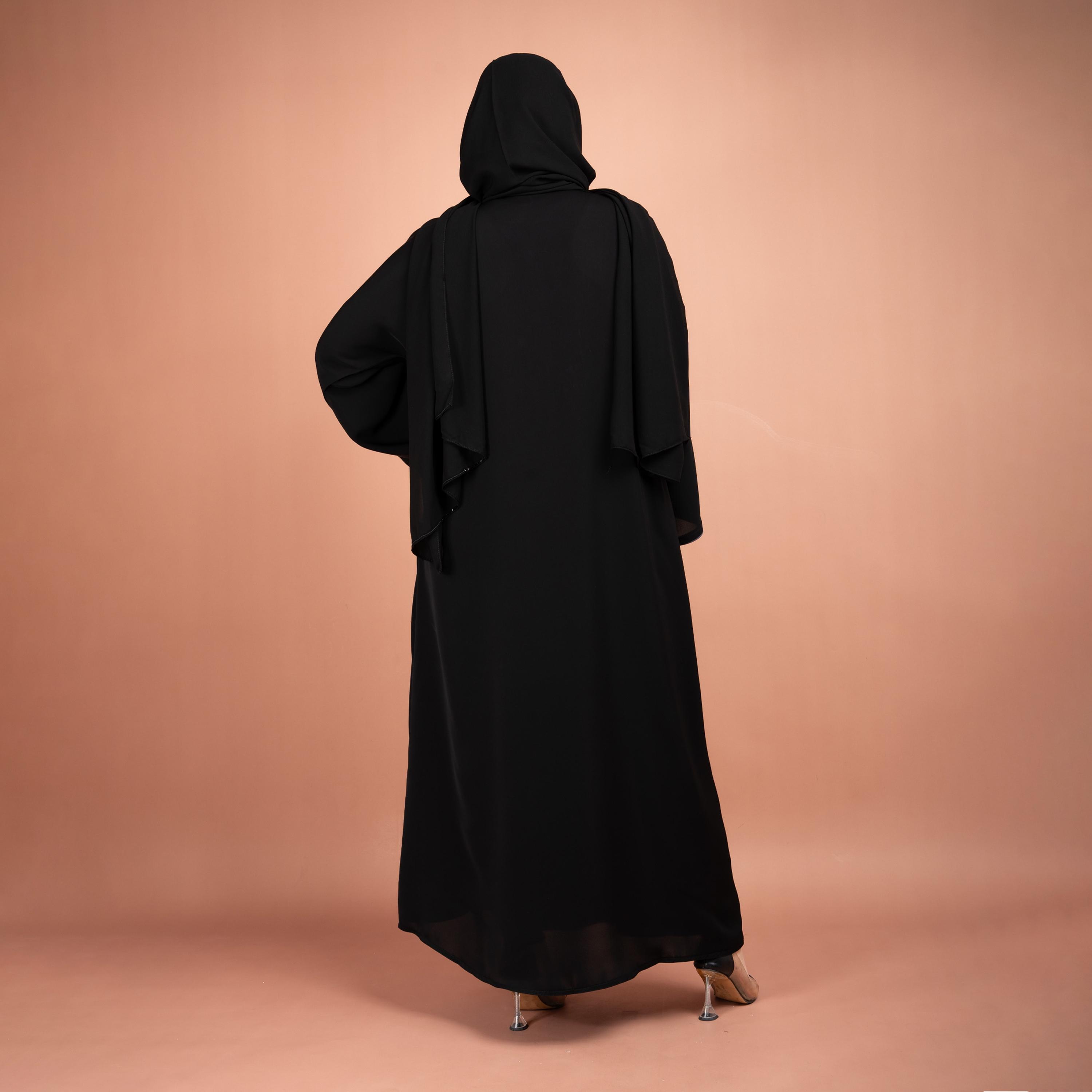 IKKXA Black Flared Sleeves Beads & Embroidered Abaya with Hijab-women-arabicclothing-abayas-image-4