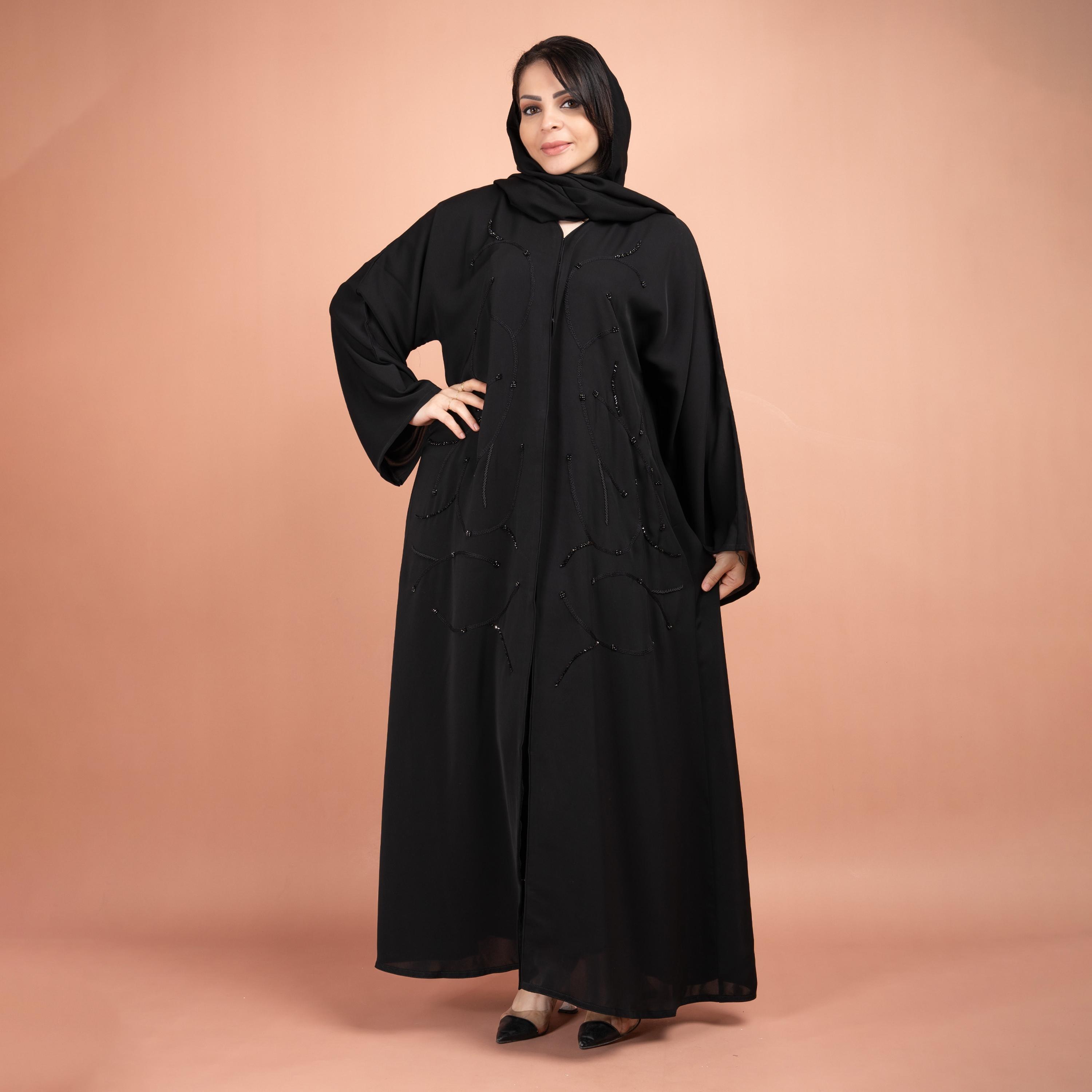 IKKXA Black Flared Sleeves Beads & Embroidered Abaya with Hijab-women-arabicclothing-abayas-image-1