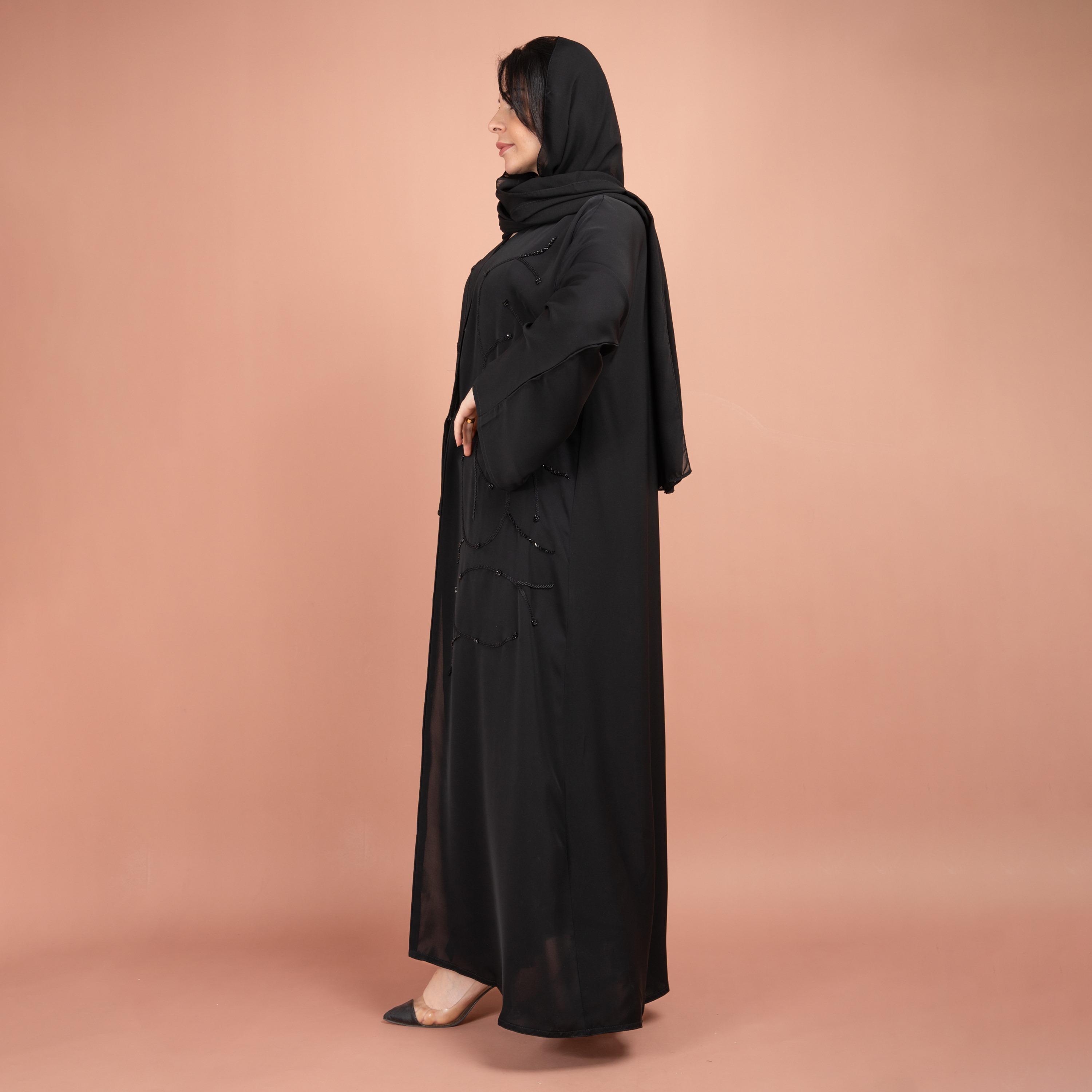 IKKXA Black Flared Sleeves Beads & Embroidered Abaya with Hijab-women-arabicclothing-abayas-image-3
