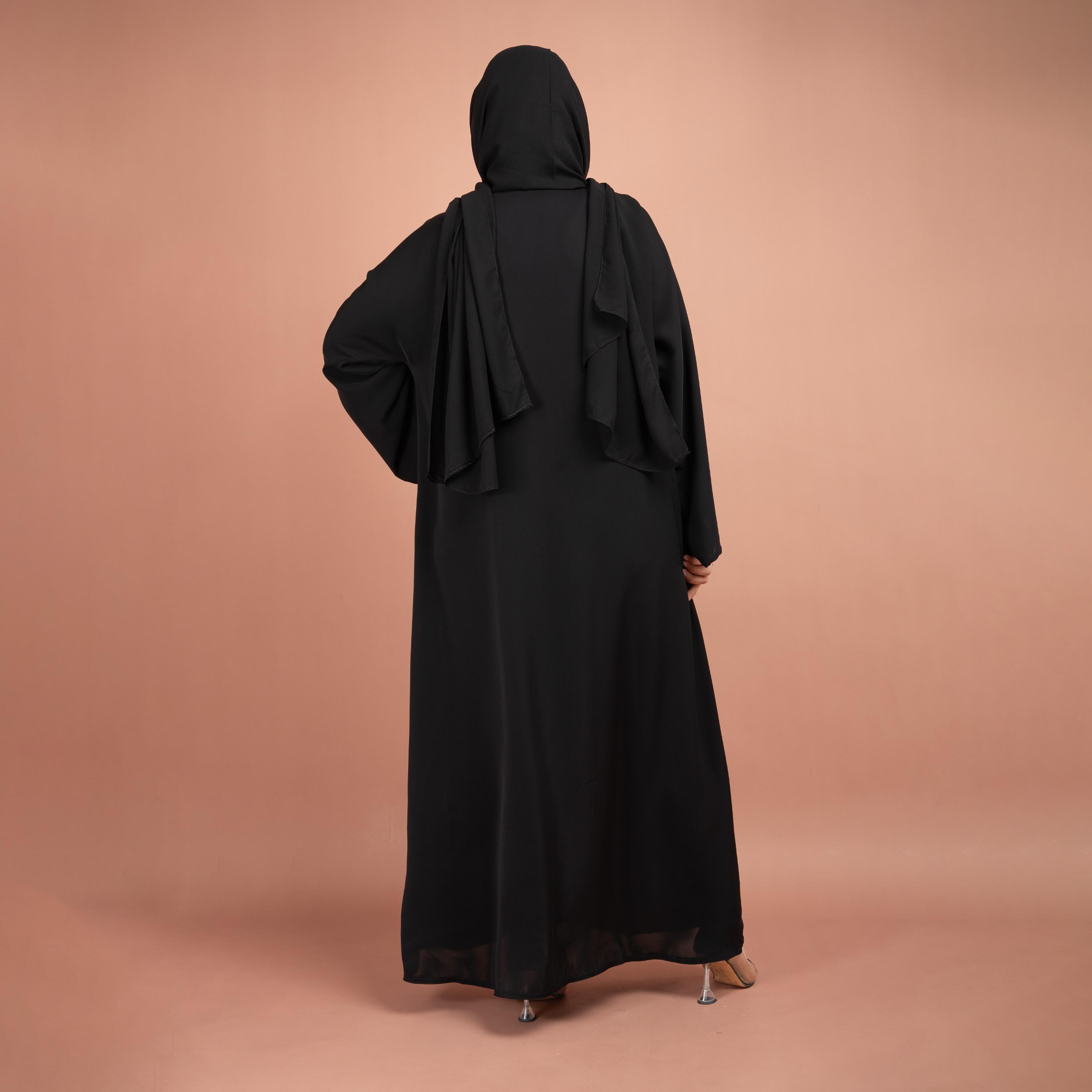 IKKXA Black Flared Sleeves Beads & Embroidered Abaya with Hijab-women-arabicclothing-abayas-image-4