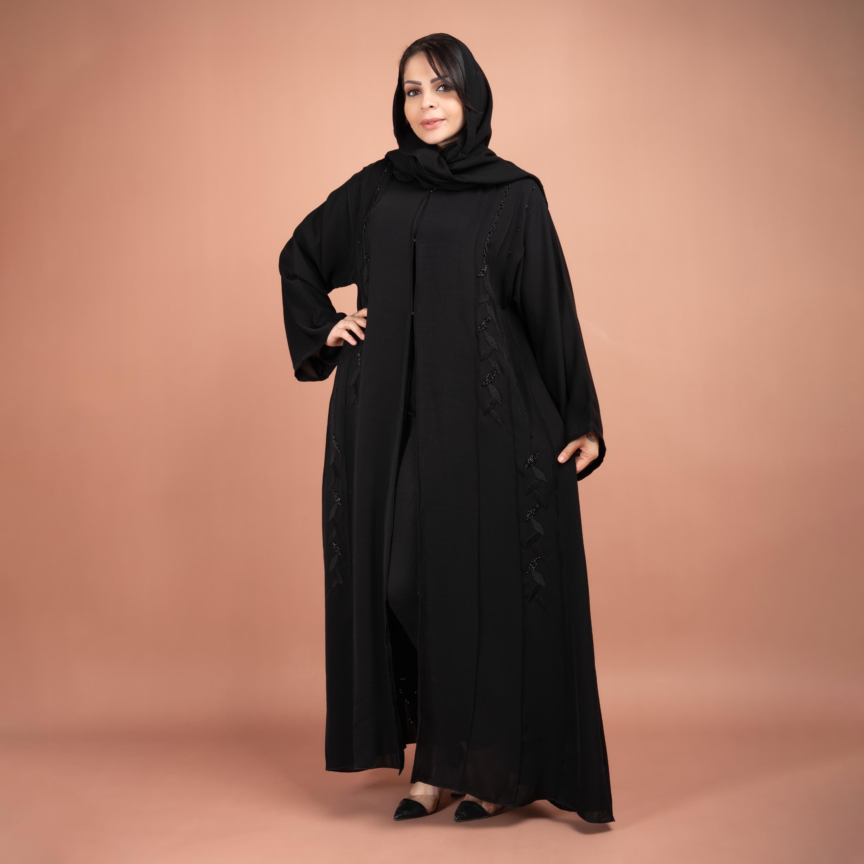 IKKXA Black Beads & Embroidered Emirati Abaya with Hijab-women-arabicclothing-abayas-image-1