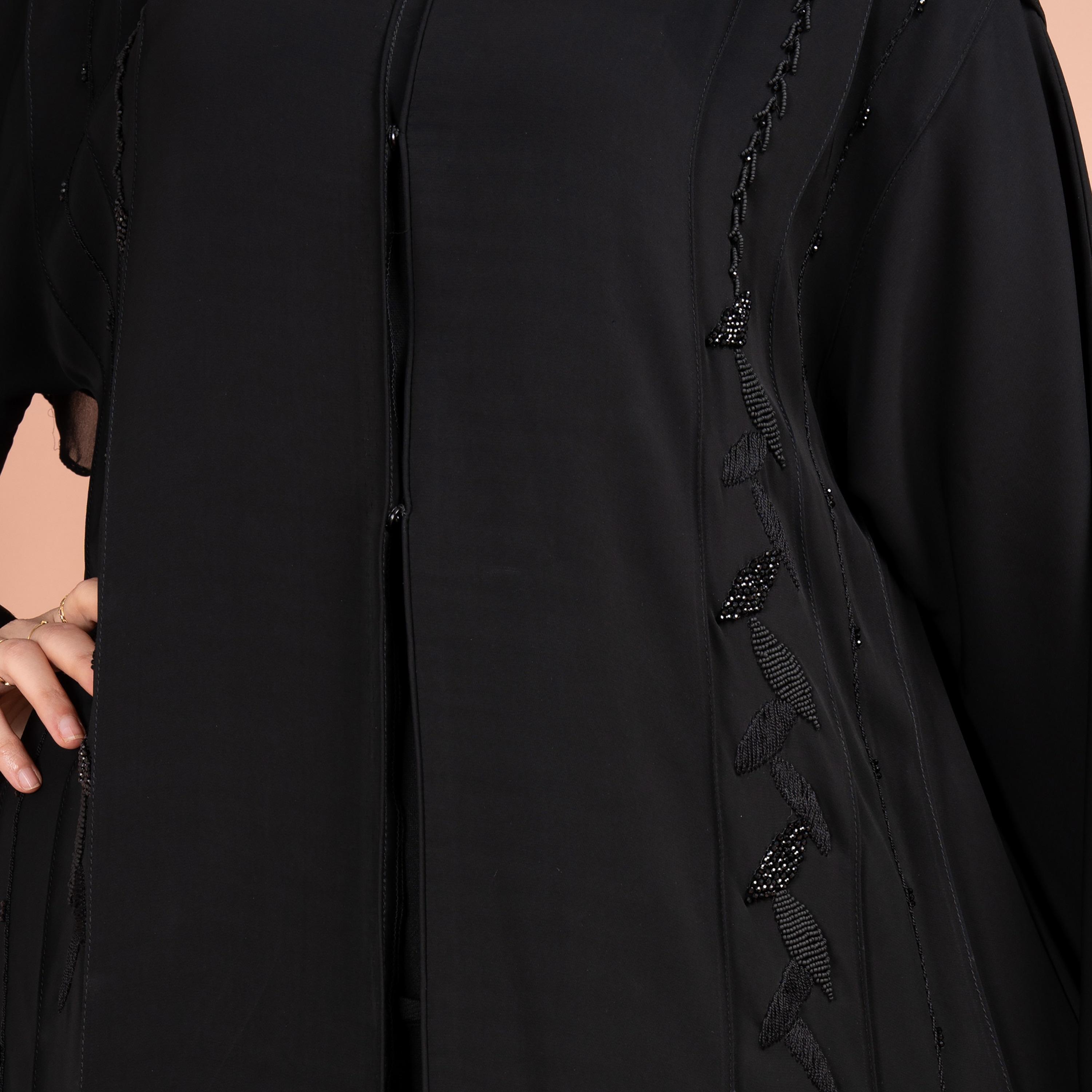 IKKXA Black Beads & Embroidered Emirati Abaya with Hijab-women-arabicclothing-abayas-image-2
