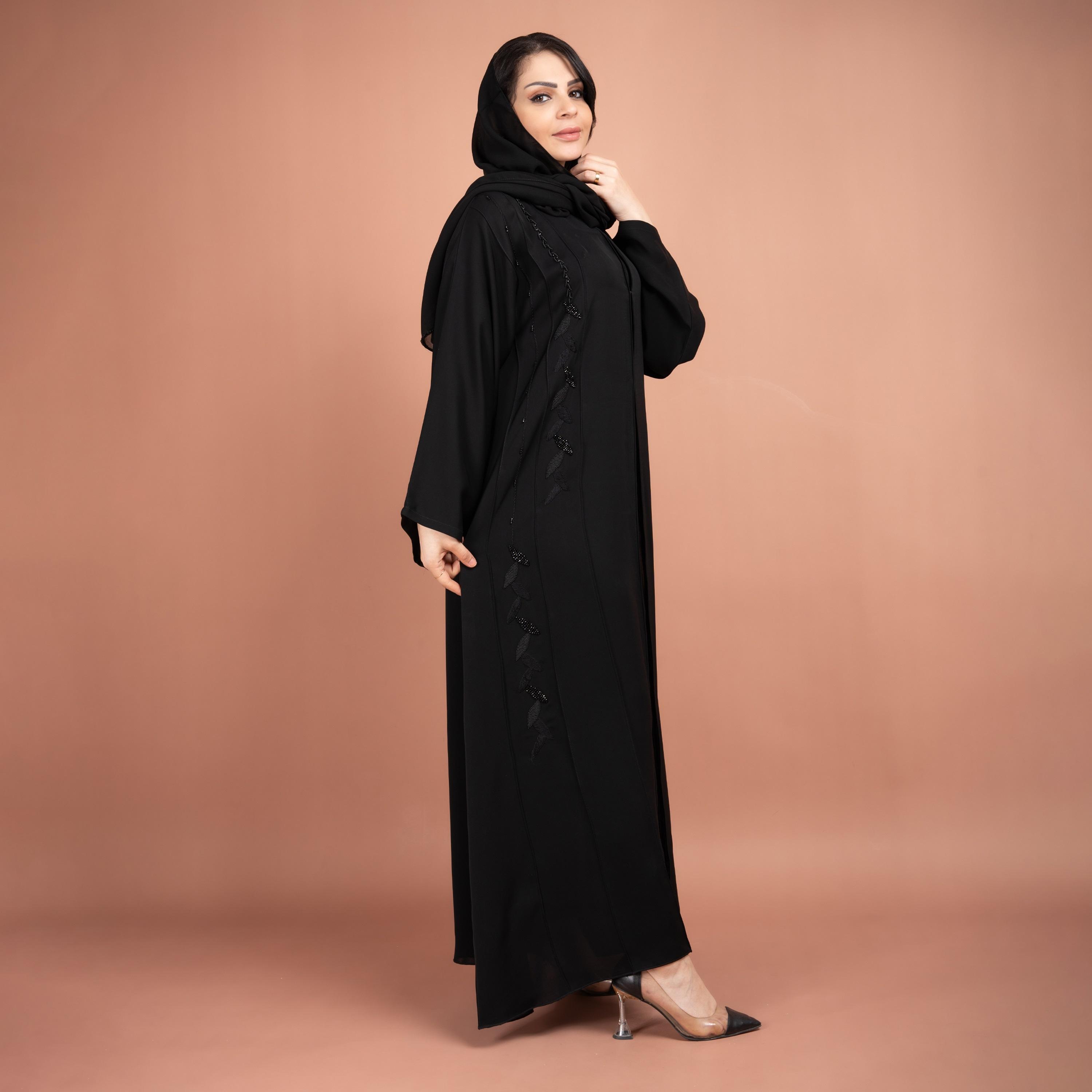 IKKXA Black Beads & Embroidered Emirati Abaya with Hijab-women-arabicclothing-abayas-image-3