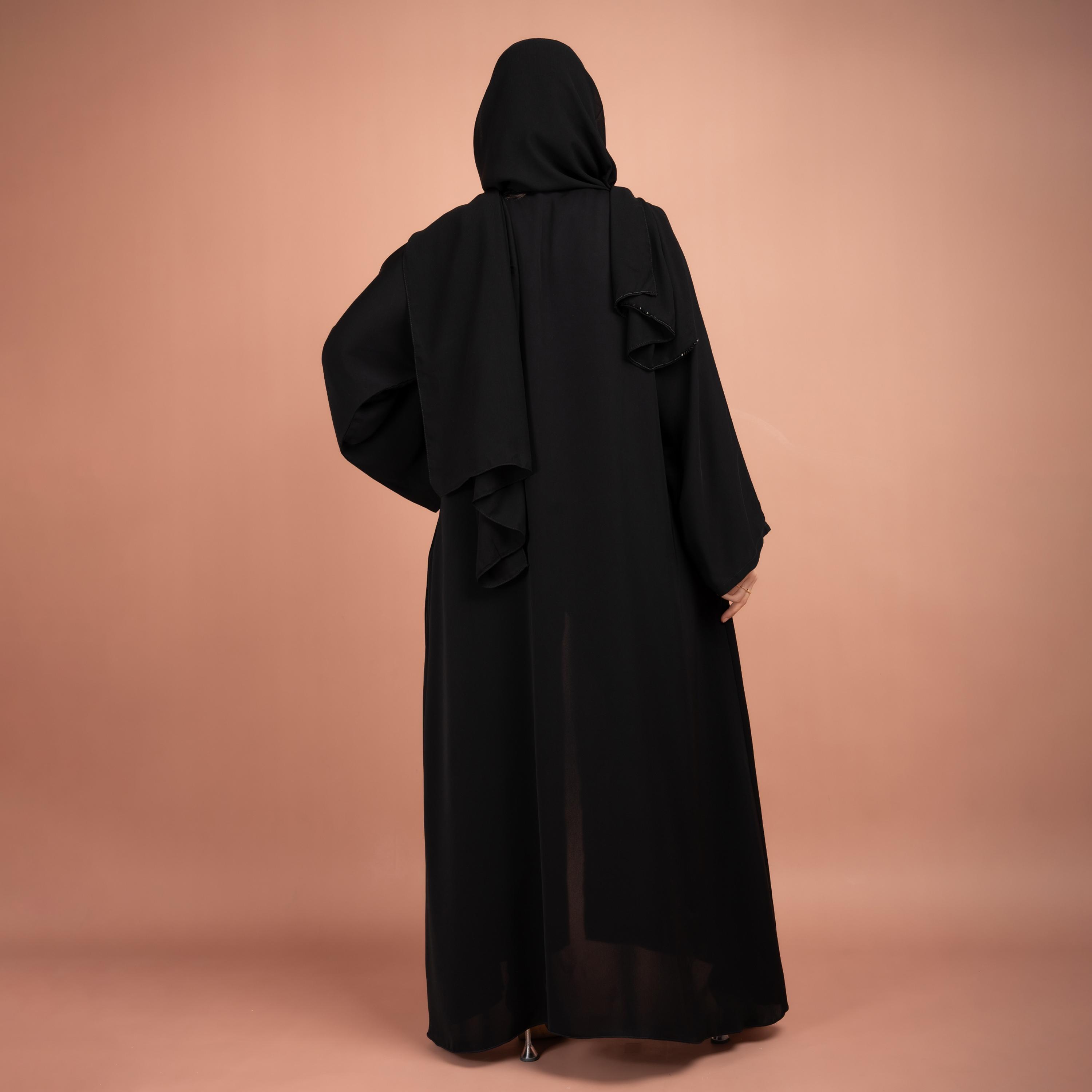 IKKXA Black Beads & Embroidered Emirati Abaya with Hijab-women-arabicclothing-abayas-image-4