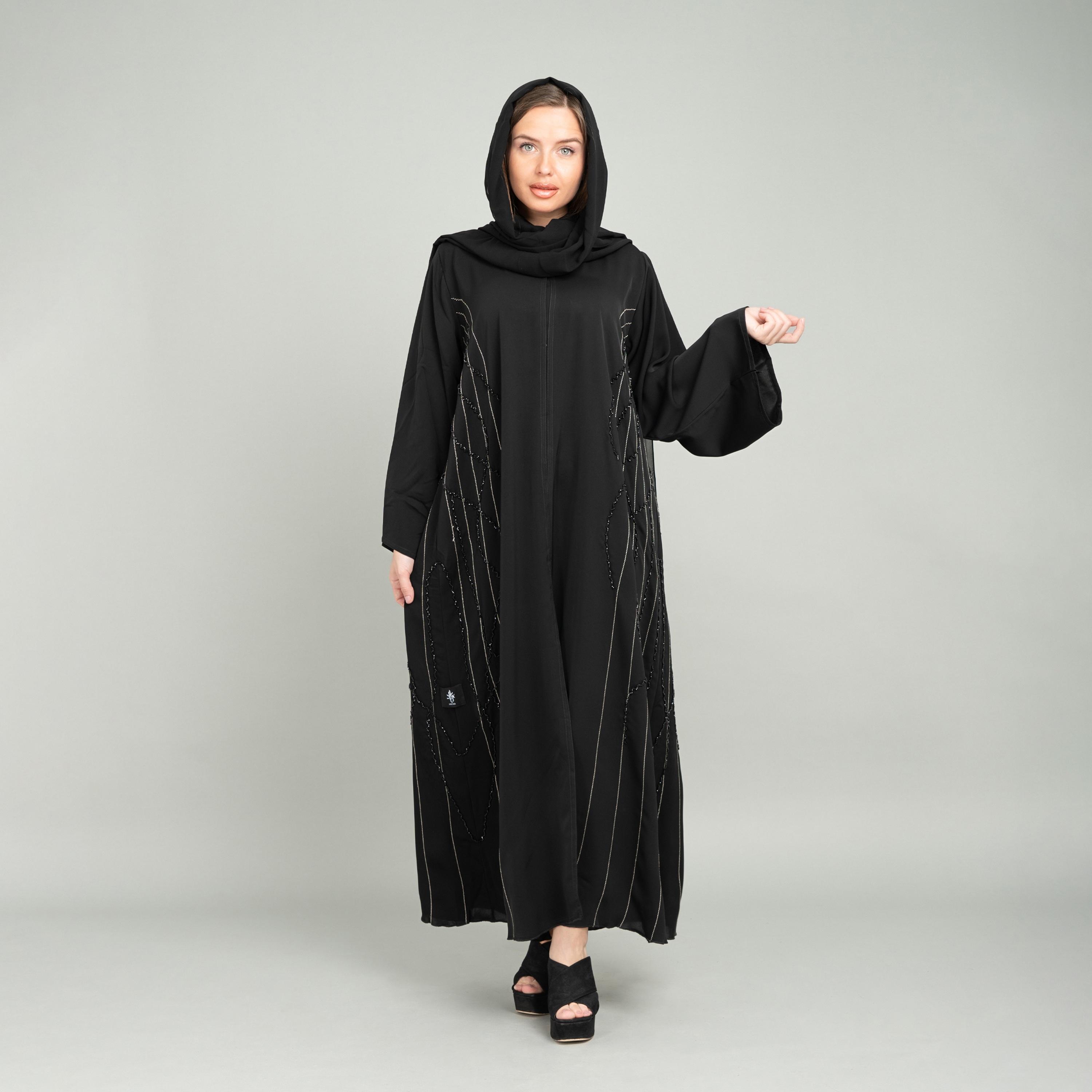 IKKXA Black Beaded Nida Evening Women's Abaya with Hijab-women-arabicclothing-abayas-image-1