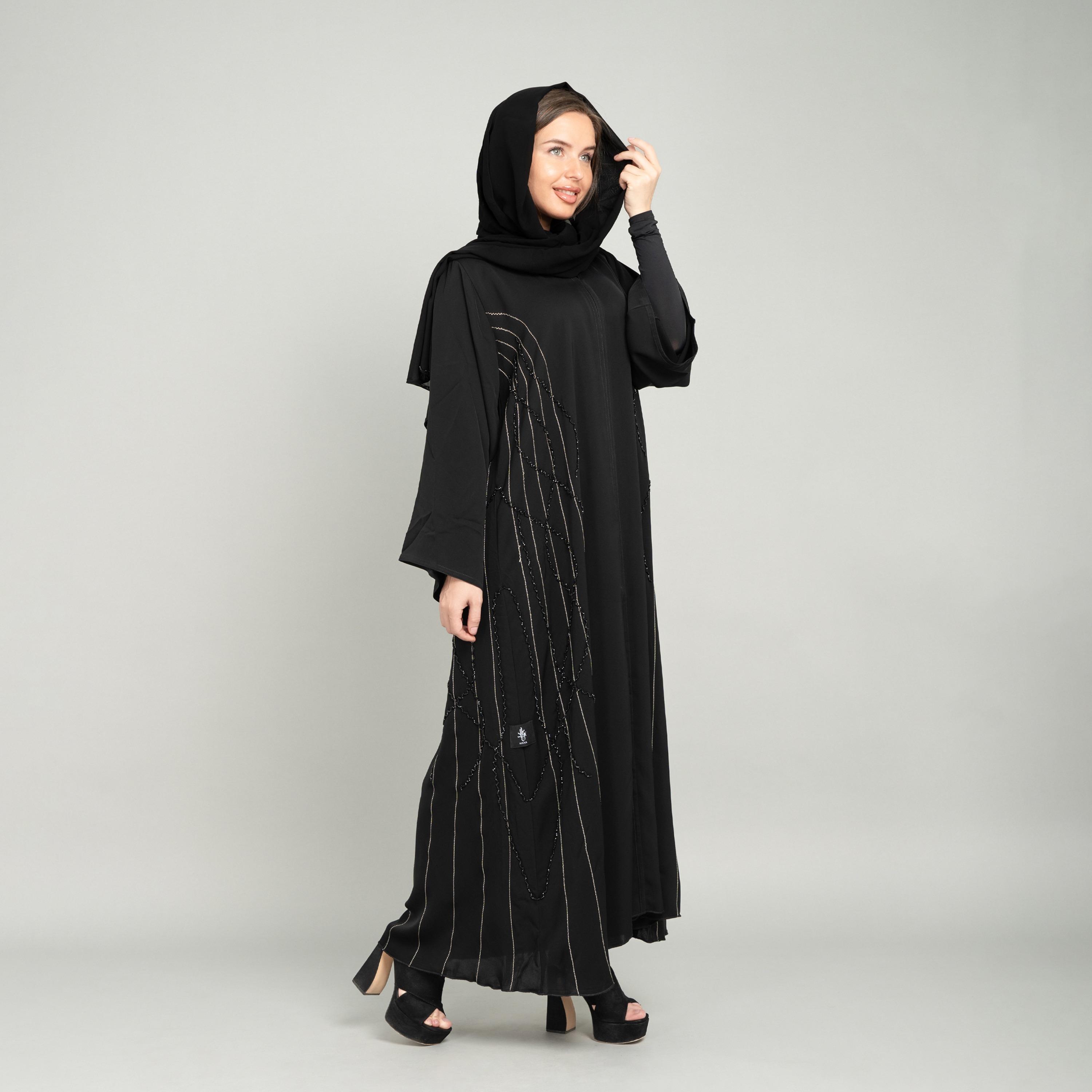 IKKXA Black Beaded Nida Evening Women's Abaya with Hijab-women-arabicclothing-abayas-image-3