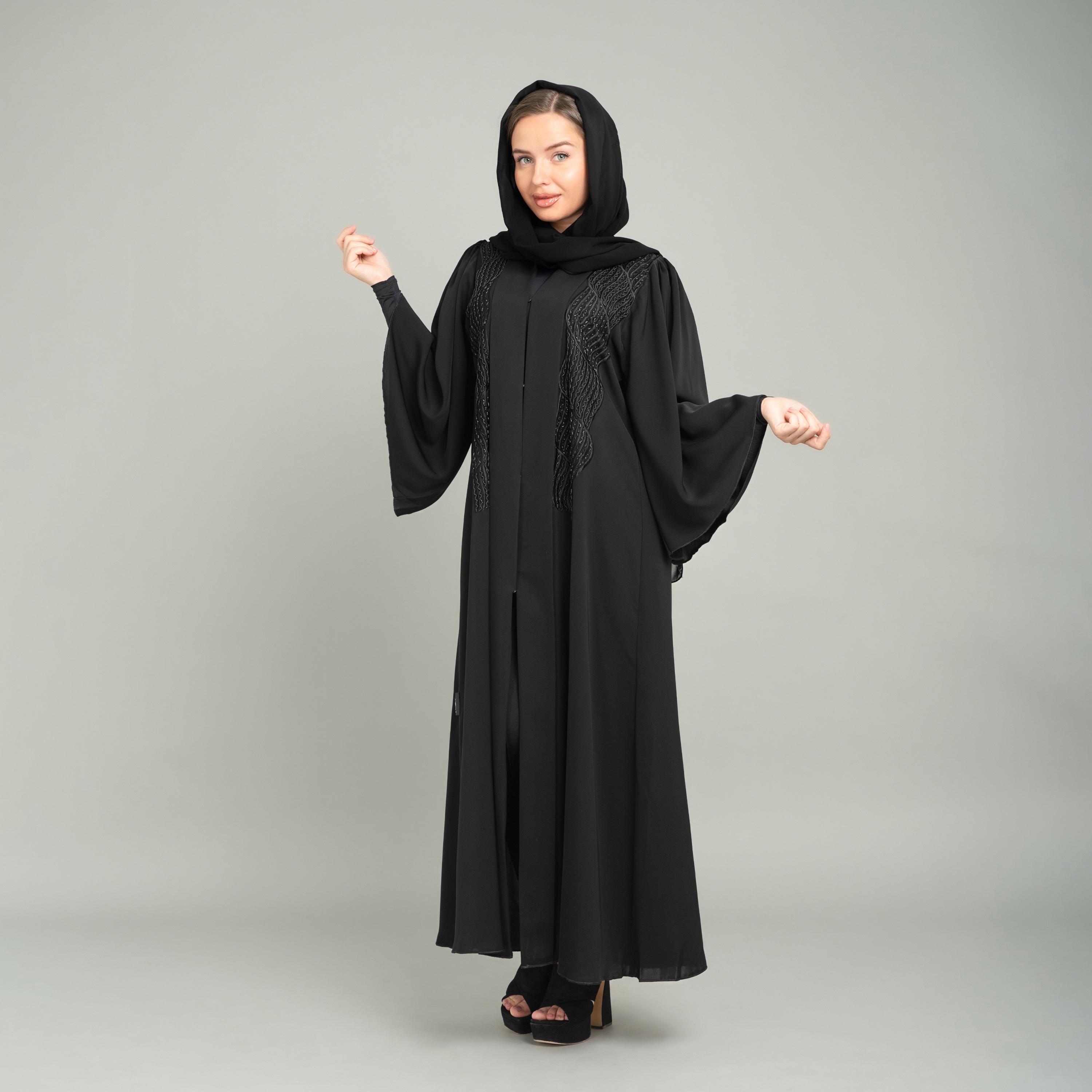 IKKXA Black Embroidered & Beaded Flared Sleeves Nida Evening Women's Abaya with Hijab-women-arabicclothing-abayas-image-1