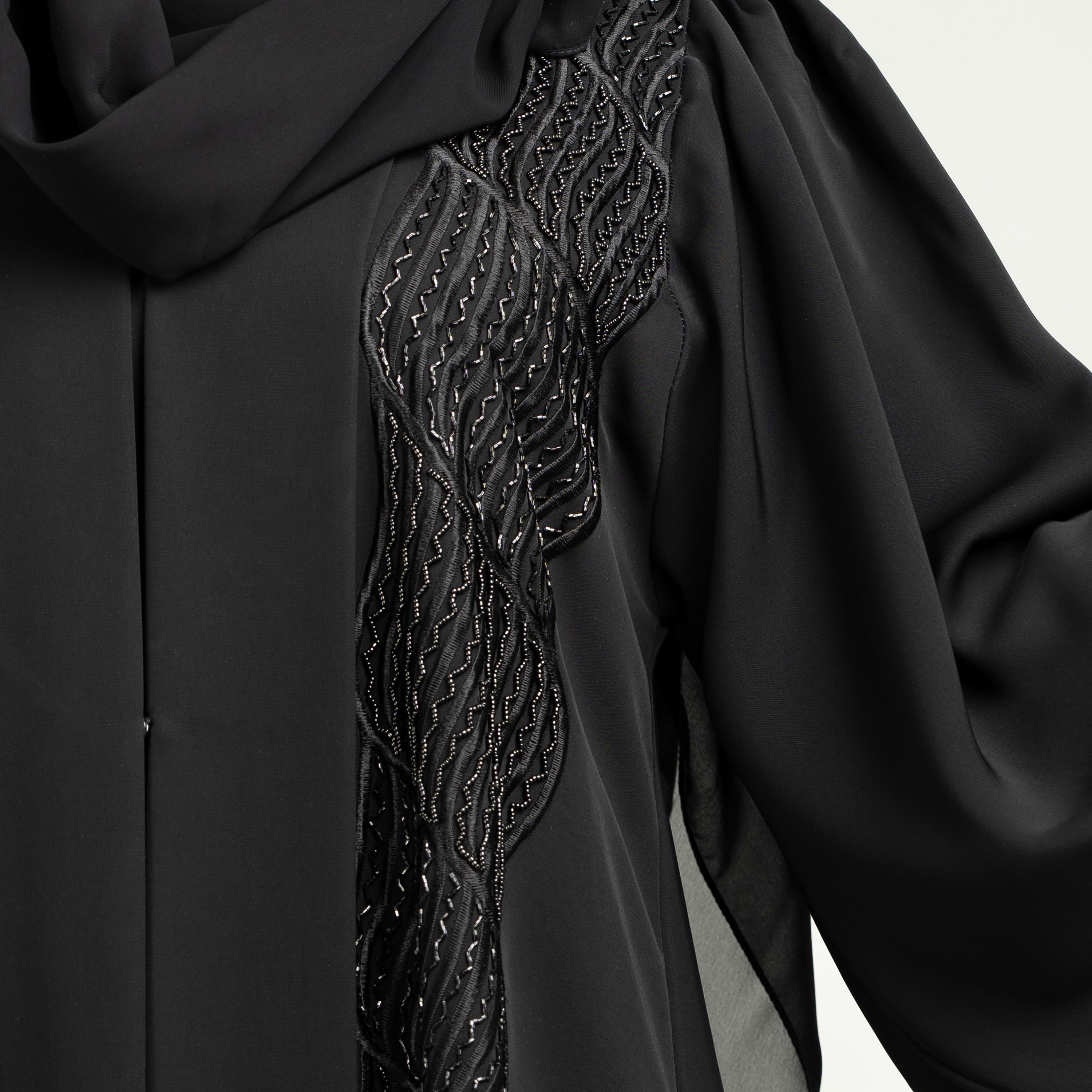 IKKXA Black Embroidered & Beaded Flared Sleeves Nida Evening Women's Abaya with Hijab-women-arabicclothing-abayas-image-2