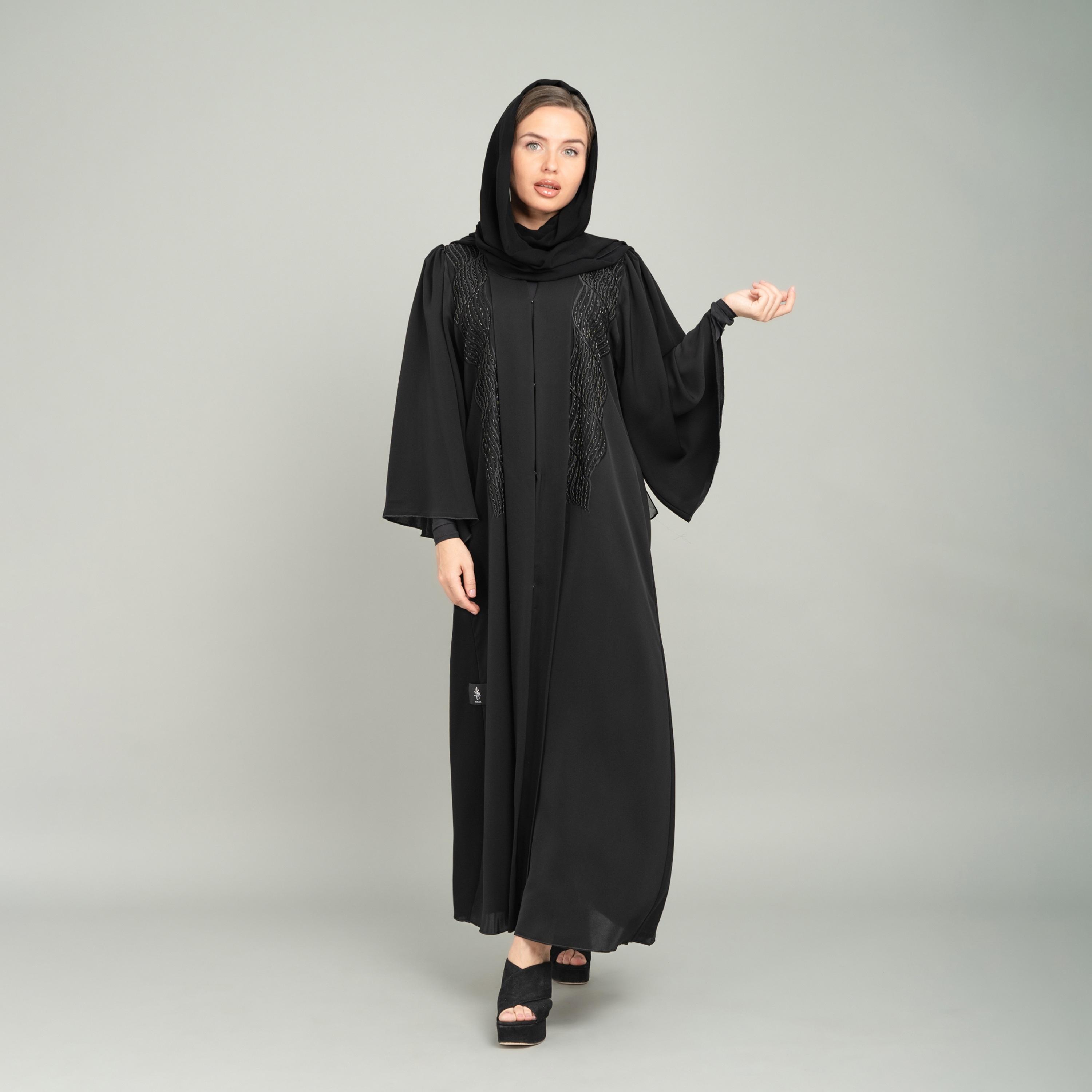 IKKXA Black Embroidered & Beaded Flared Sleeves Nida Evening Women's Abaya with Hijab-women-arabicclothing-abayas-image-3