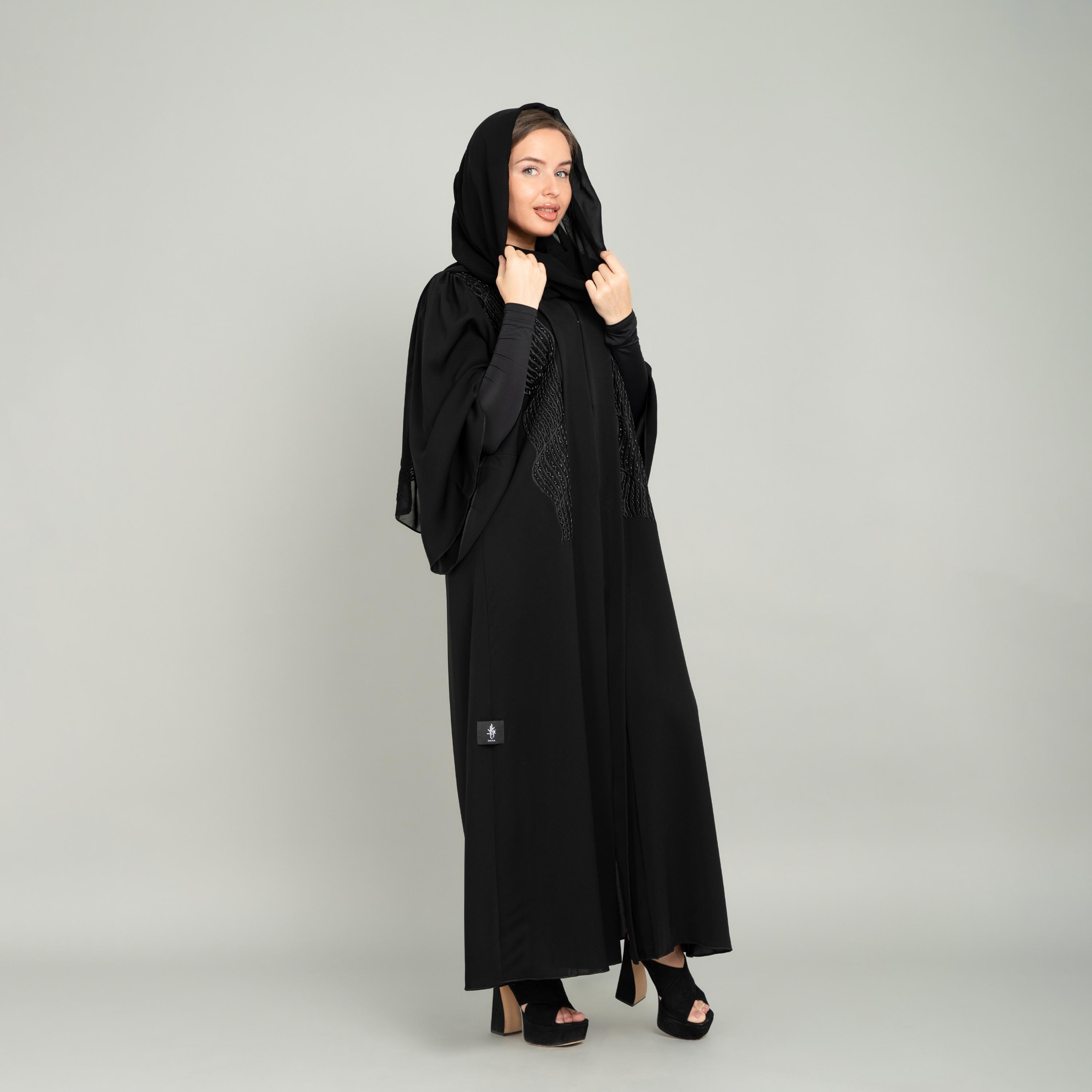 IKKXA Black Embroidered & Beaded Flared Sleeves Nida Evening Women's Abaya with Hijab-women-arabicclothing-abayas-image-4
