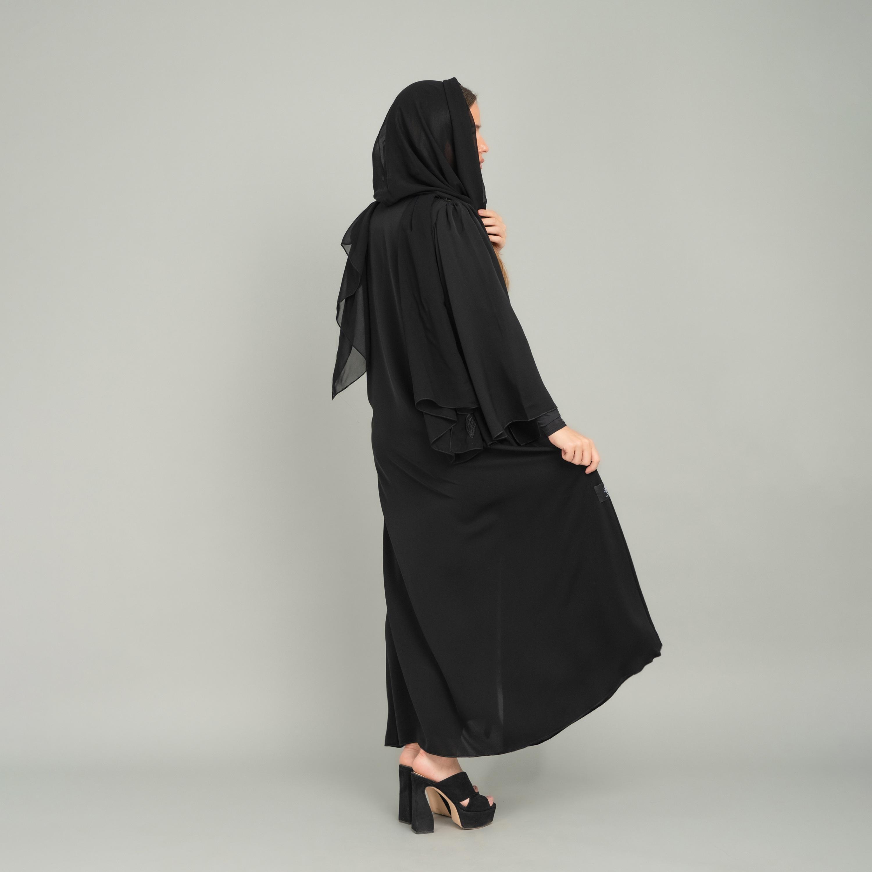 IKKXA Black Embroidered & Beaded Flared Sleeves Nida Evening Women's Abaya with Hijab-women-arabicclothing-abayas-image-5