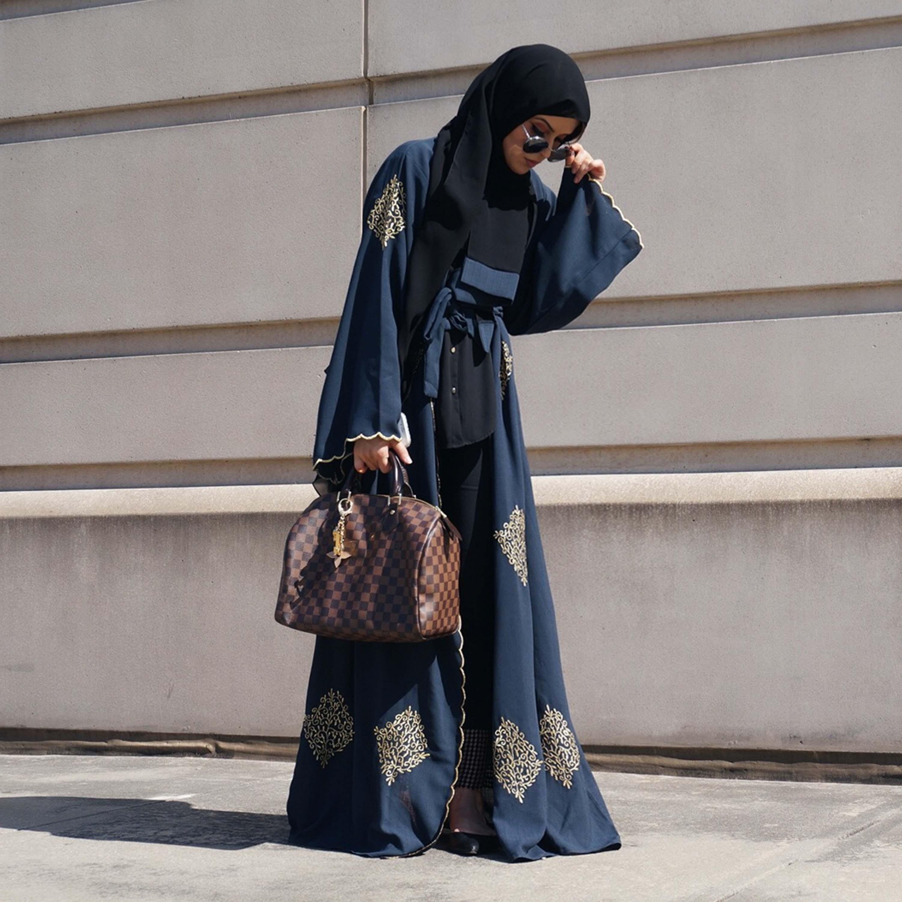 Nukhbaa Embroidered Wide Sleeves Crepe Nida Evening Women's Wrap Abaya with Hijab-women-arabicclothing-abayas-image-1